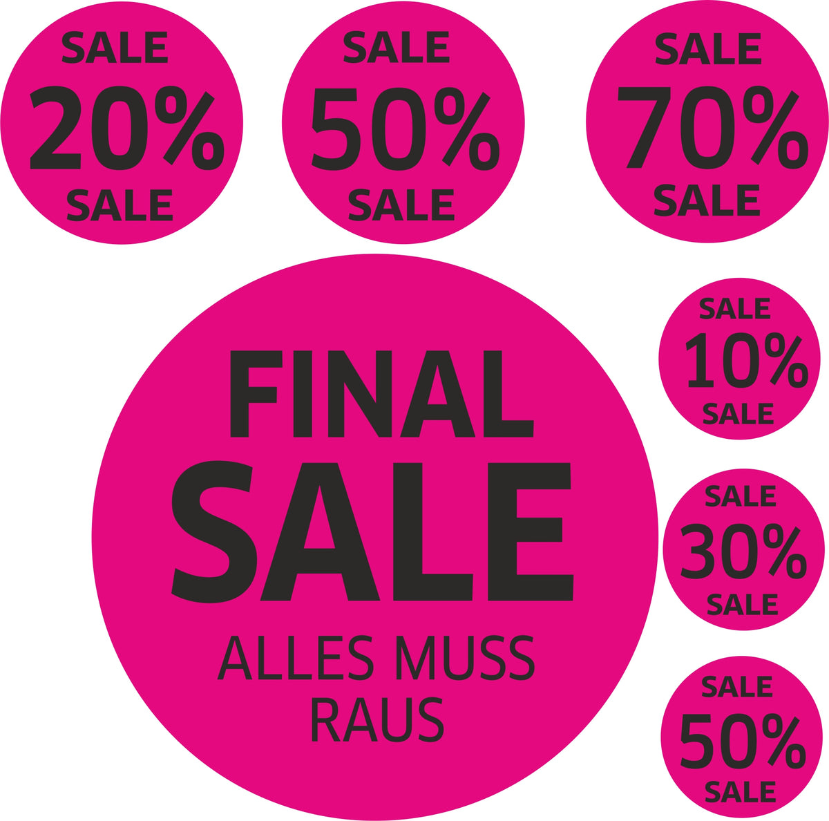 7x SALE Aufkleber Set, Farbe pink-schwarz – Rabatt Sticker für Schaufenster | Ausverkauf Werbeaufkleber