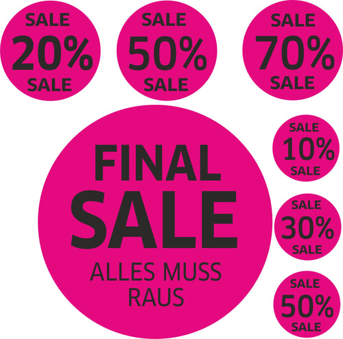 7x SALE Aufkleber Set, Farbe pink-schwarz – Rabatt Sticker für Schaufenster | Ausverkauf Werbeaufkleber