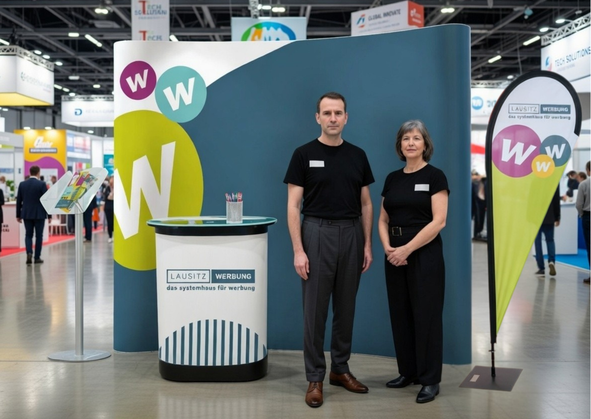 Messe Paket Sichtbarkeit Plus: Messewand, Messetheke, Beachflag, Prospektständer,  Flyer, Textildruck, Namensschildchen, Werbeartikel,  Versandkostenfrei