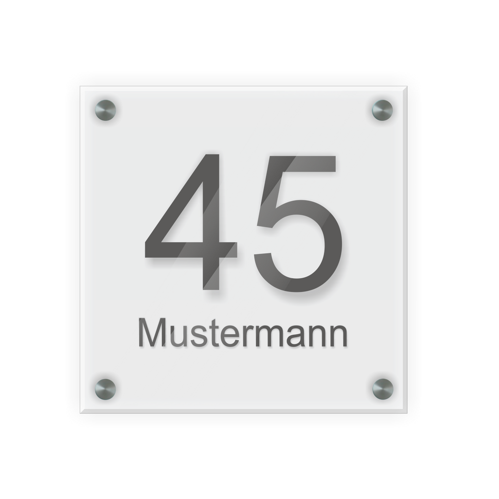 Personalisiertes Türschild | Design 1 |  Hausnummer und Wunschtext | aus Acrylglas 20x20 cm inkl. Aluminium-Abstandshalter