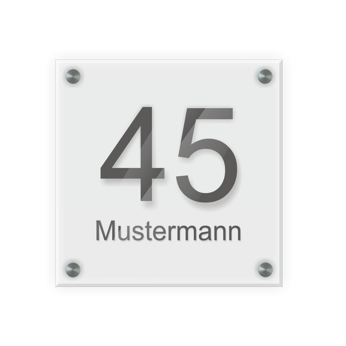 Personalisiertes Türschild | Design 1 |  Hausnummer und Wunschtext | aus Acrylglas 20x20 cm inkl. Aluminium-Abstandshalter