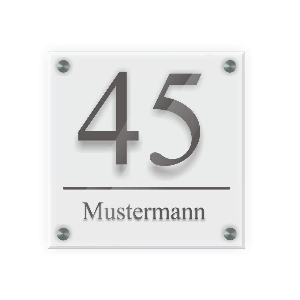 Personalisiertes Türschild | Design 2 |  Hausnummer und Wunschtext | aus Acrylglas 20x20 cm inkl. Aluminium-Abstandshalter