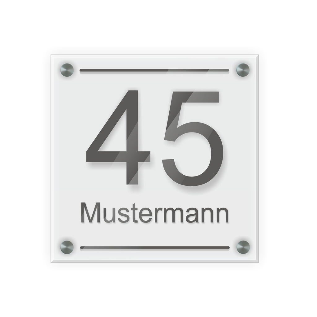 Personalisiertes Türschild | Design 3 |  Hausnummer und Wunschtext | aus Acrylglas 20x20 cm inkl. Aluminium-Abstandshalter