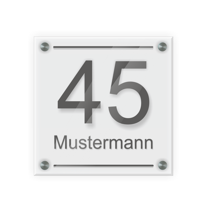 Personalisiertes Türschild | Design 3 |  Hausnummer und Wunschtext | aus Acrylglas 20x20 cm inkl. Aluminium-Abstandshalter