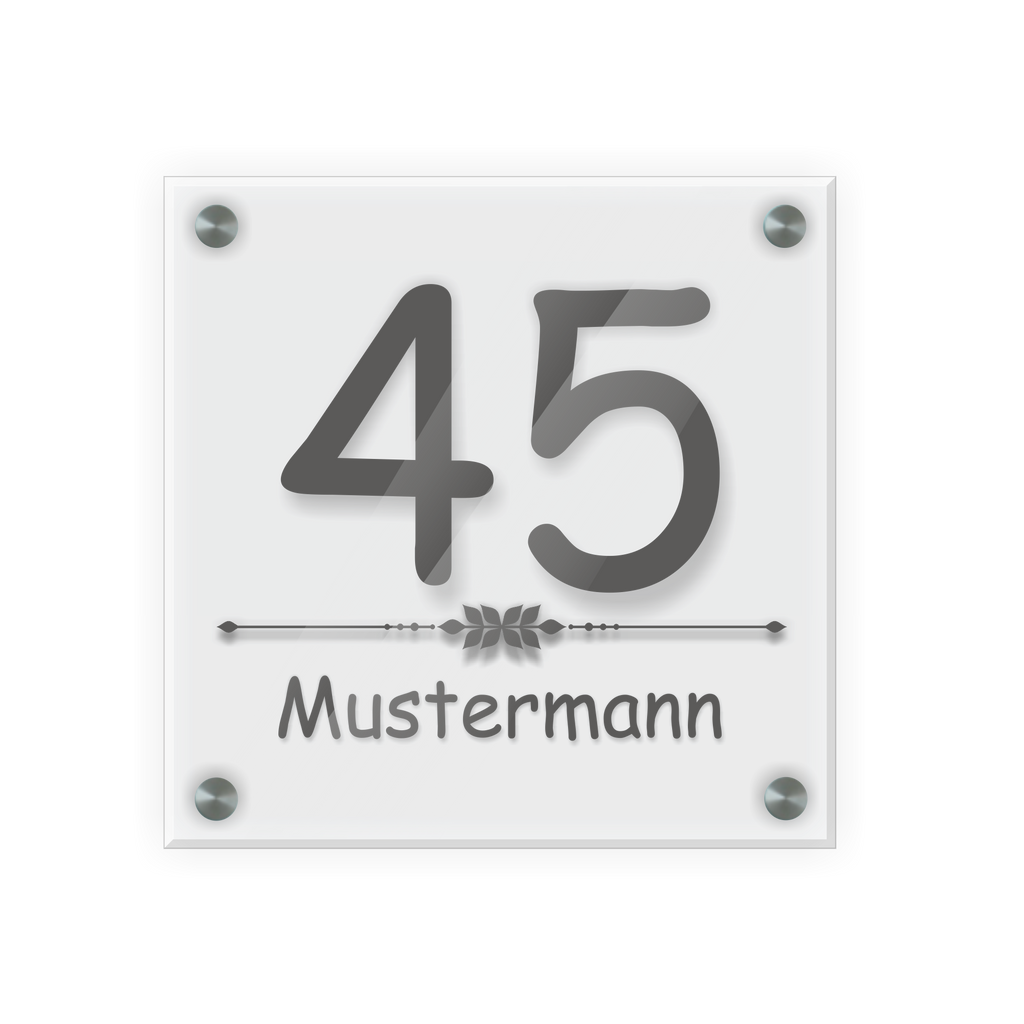 Personalisiertes Türschild | Design 4 |  Hausnummer und Wunschtext | aus Acrylglas 20x20 cm inkl. Aluminium-Abstandshalter