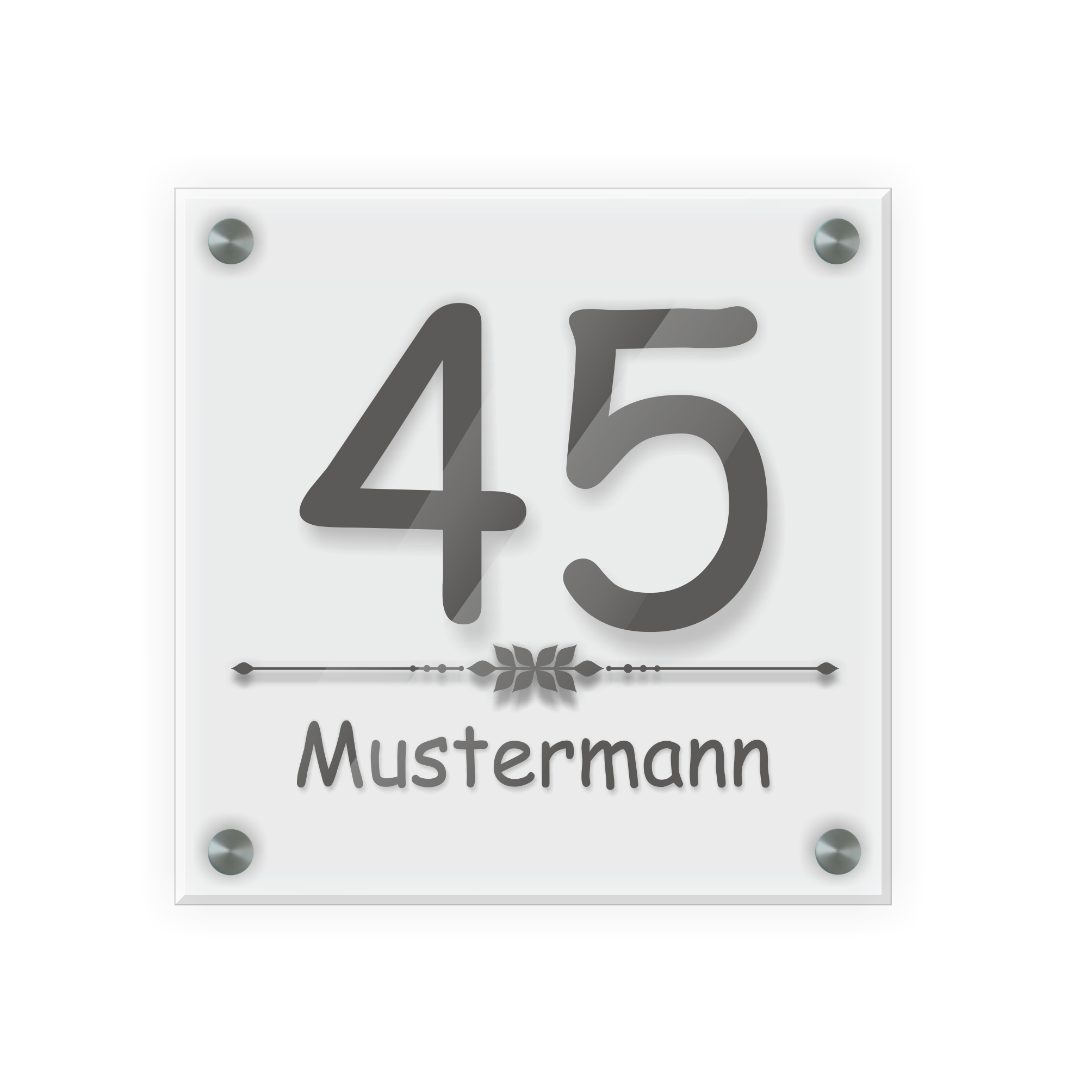 Personalisiertes Türschild | Design 4 |  Hausnummer und Wunschtext | aus Acrylglas 20x20 cm inkl. Aluminium-Abstandshalter