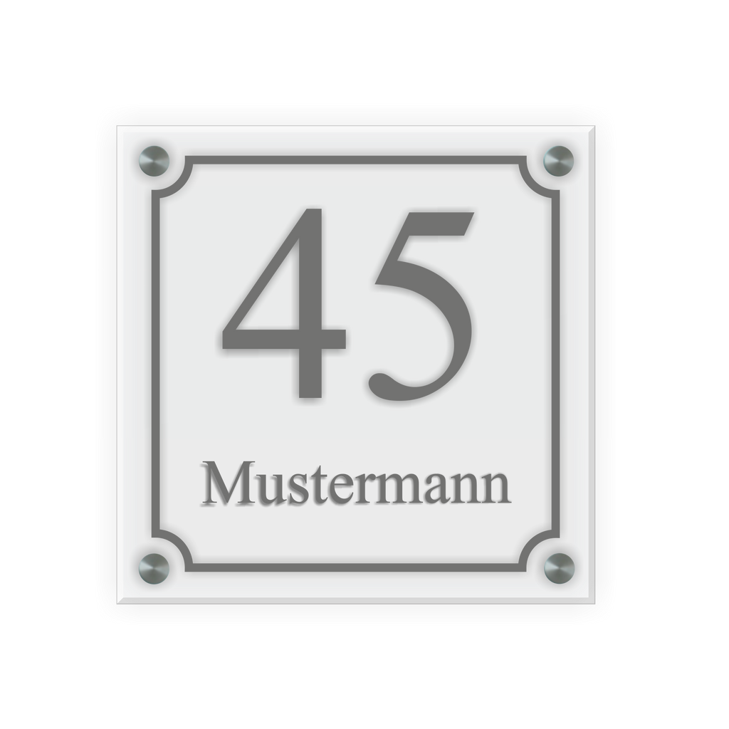 Personalisiertes Türschild | Design 5 |  Hausnummer und Wunschtext | aus Acrylglas 20x20 cm inkl. Aluminium-Abstandshalter