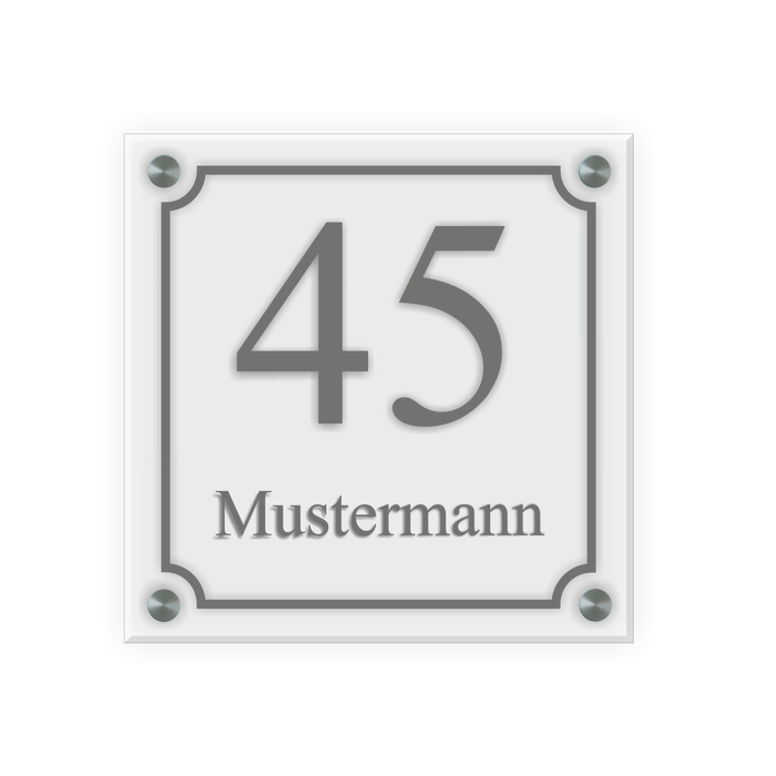 Personalisiertes Türschild | Design 5 |  Hausnummer und Wunschtext | aus Acrylglas 20x20 cm inkl. Aluminium-Abstandshalter