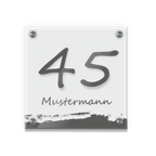 Personalisiertes Türschild | Design 6 |  Hausnummer und Wunschtext | aus Acrylglas 20x20 cm inkl. Aluminium-Abstandshalter
