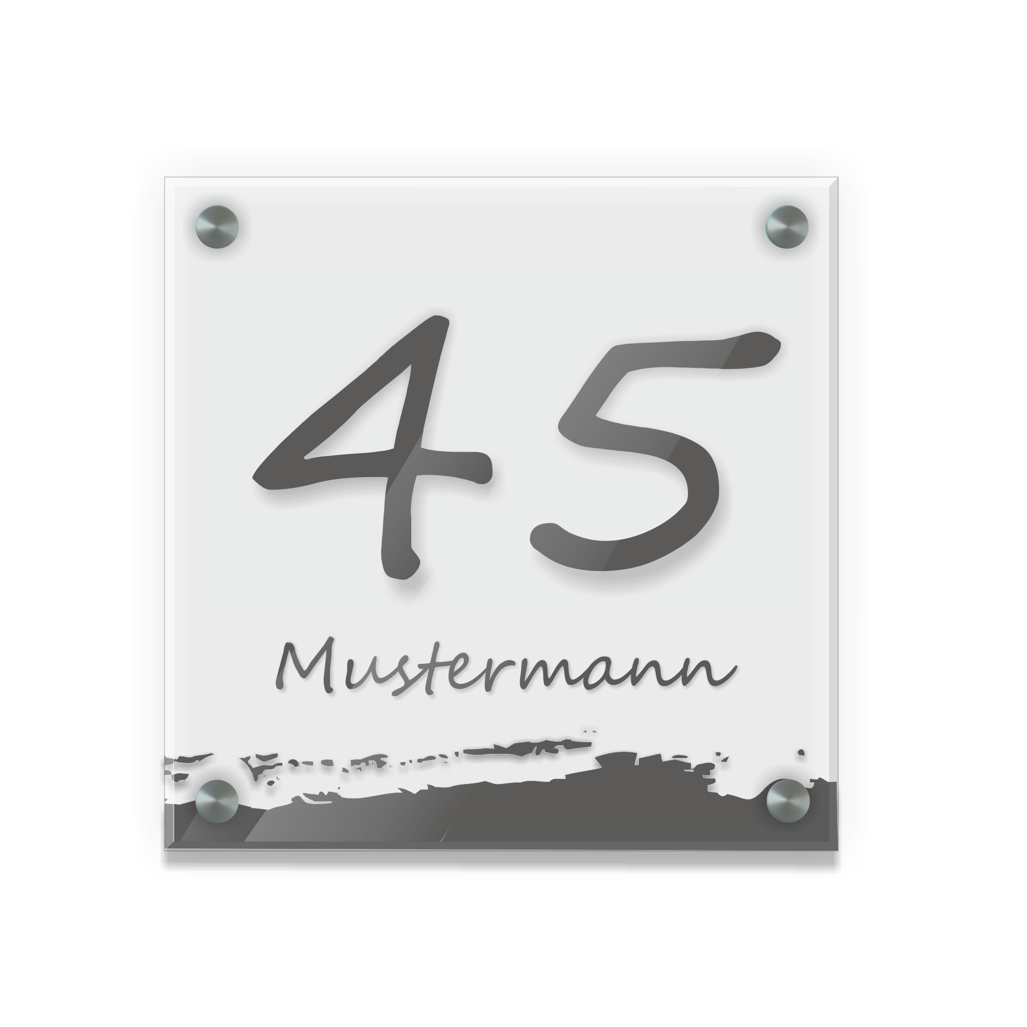 Personalisiertes Türschild | Design 6 |  Hausnummer und Wunschtext | aus Acrylglas 20x20 cm inkl. Aluminium-Abstandshalter