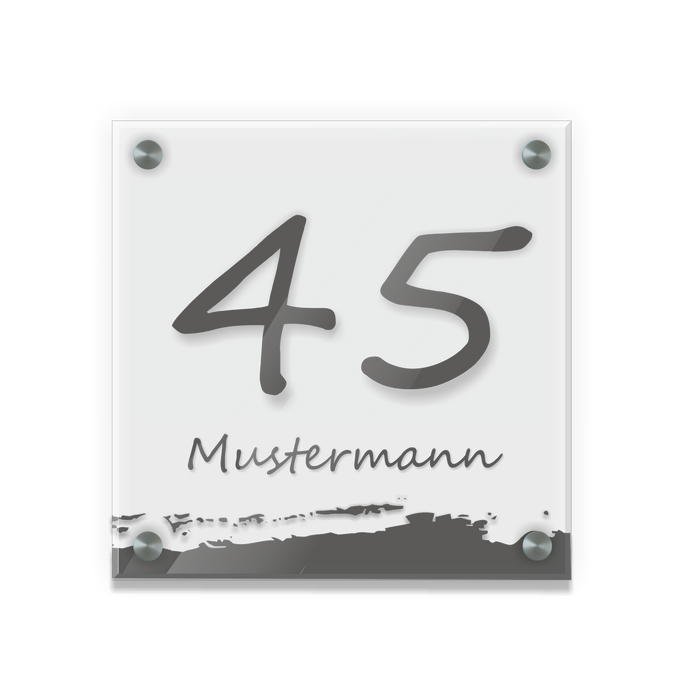 Personalisiertes Türschild | Design 6 |  Hausnummer und Wunschtext | aus Acrylglas 20x20 cm inkl. Aluminium-Abstandshalter