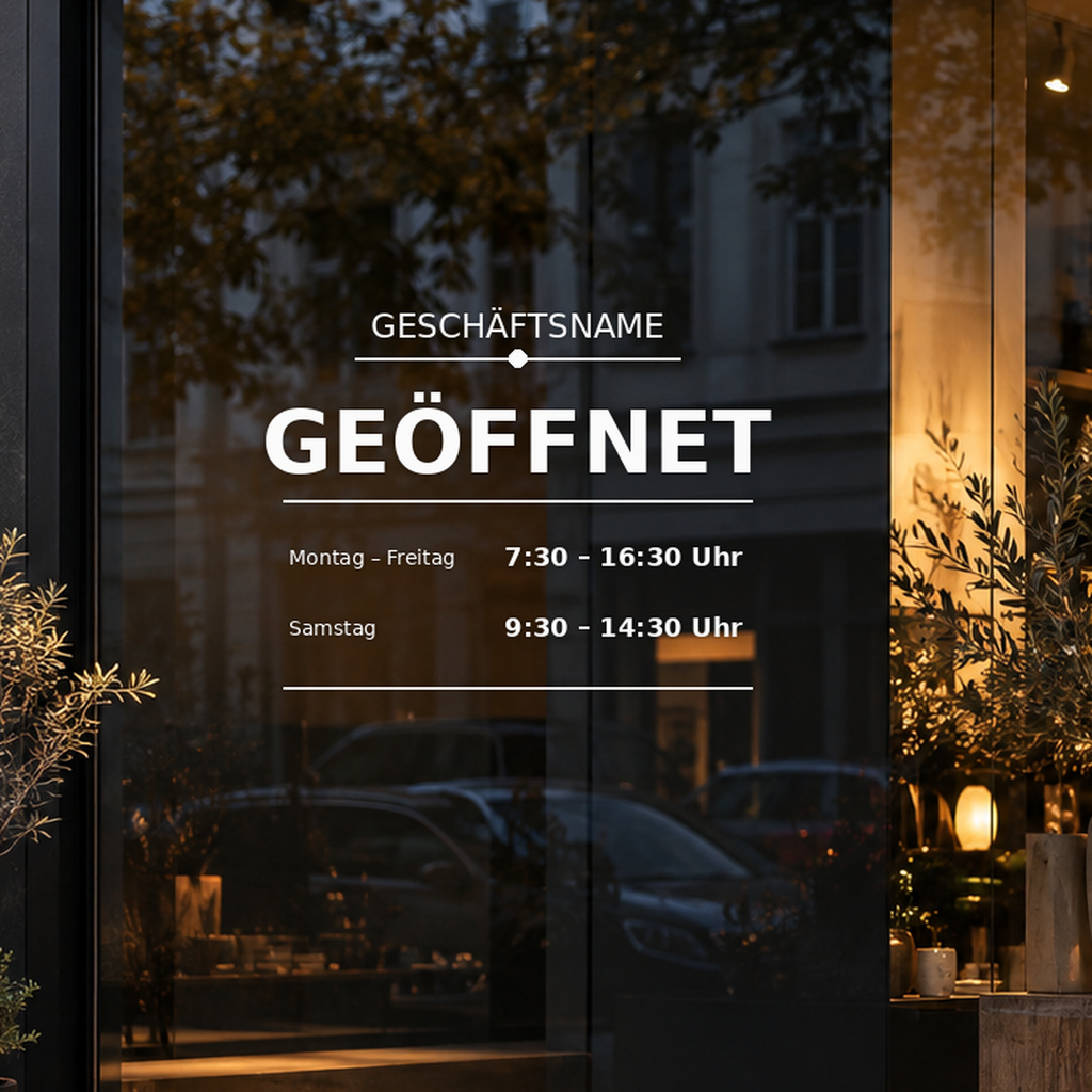 Öffnungszeiten „Geöffnet“ mit Geschäftsname