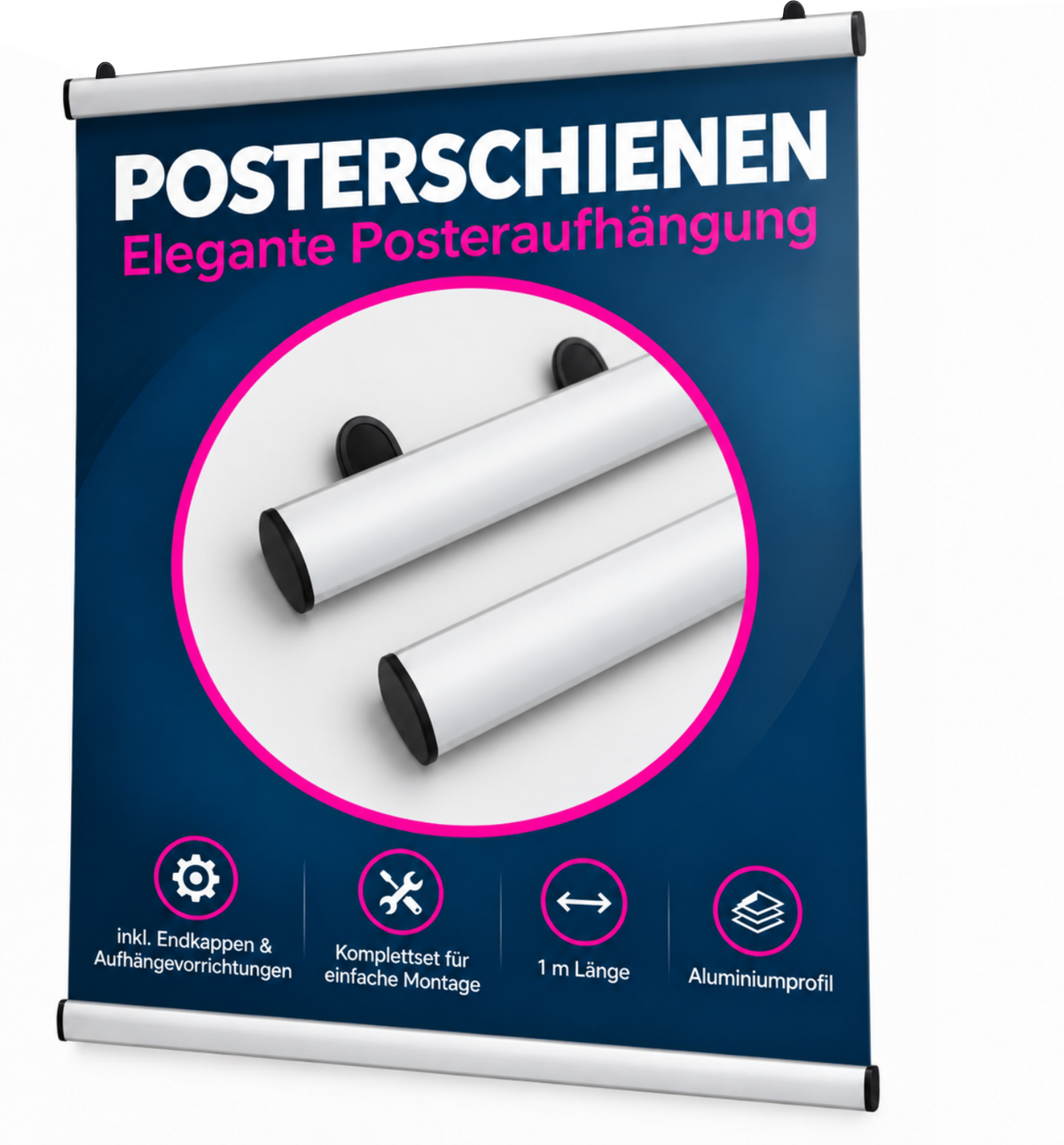 Posteraufhänger-Set – Klemmschiene, 30 mm Aluminiumprofil, 100 cm (L)