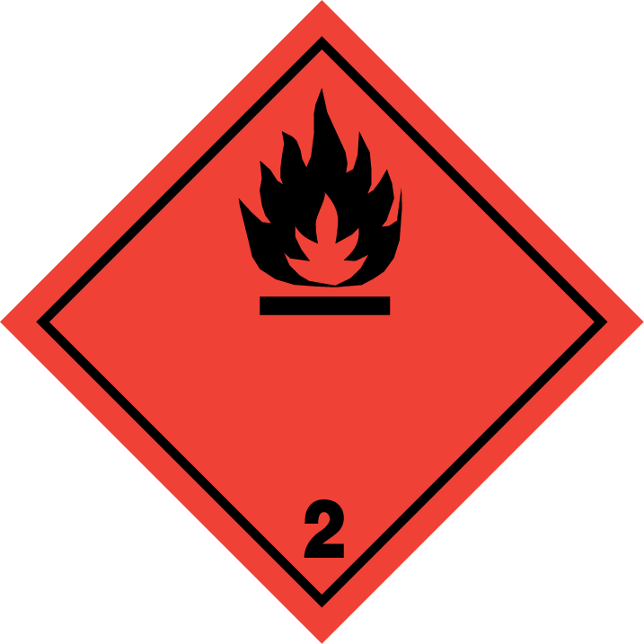 Gefahrstoffsymbol „Entzündbare Gase“, Klasse 2 | Wasserstoff, Propan, Butan, Methan | ADR Gefahrgut Kennzeichnung | 21 × 21 mm, 46x46 mm, 100x100 mm