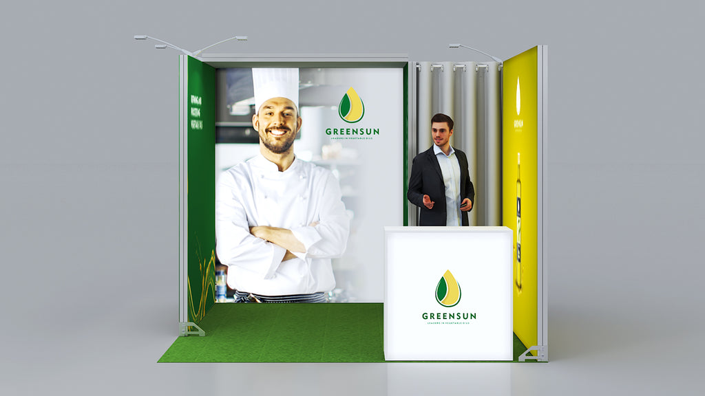 Messestand System Köln 308 x 310 cm | nachhaltig, werkzeugfrei, LED Spots & Hinterleuchtung für professionelle Messen - Bild 3