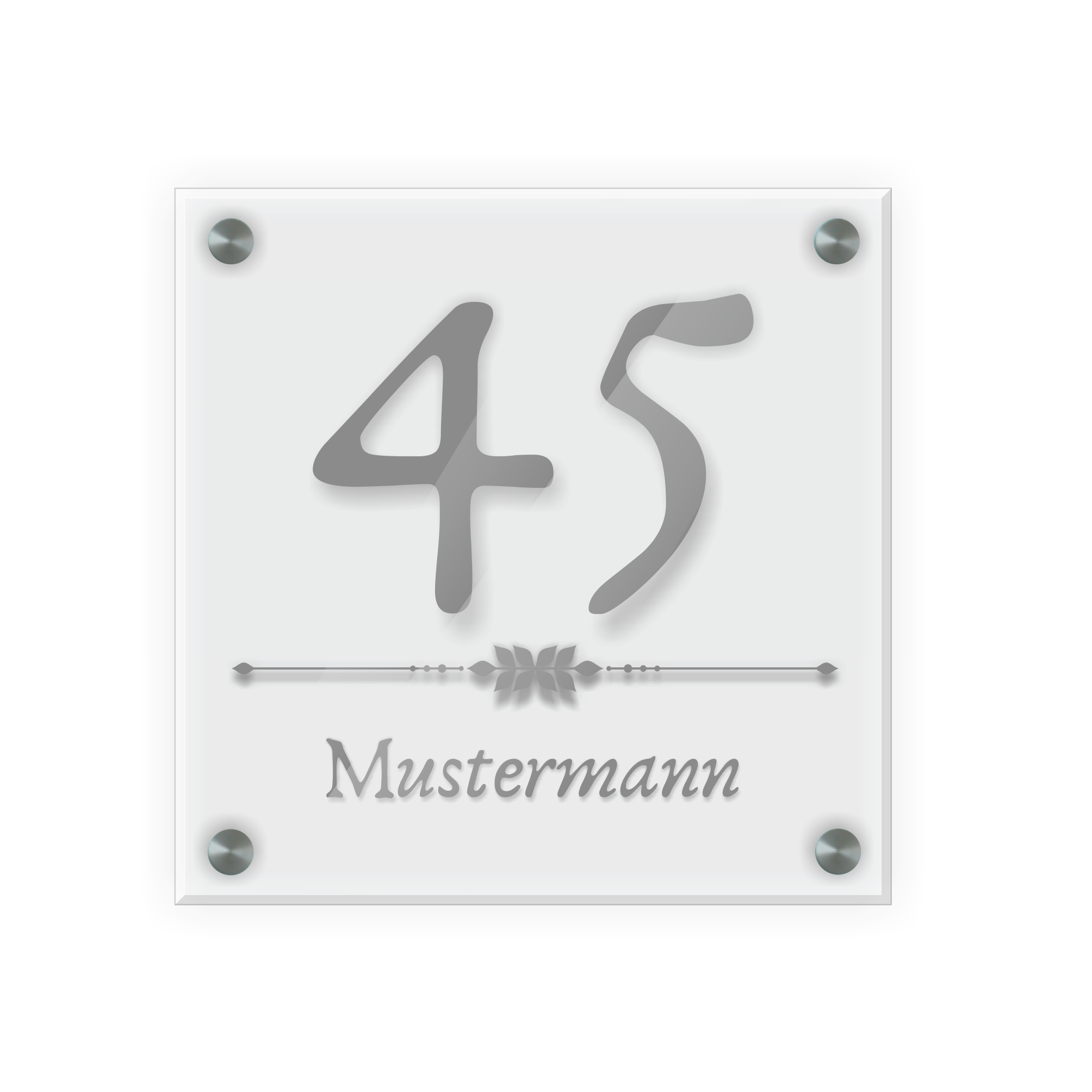 Personalisiertes Türschild | Design 4 |  Hausnummer und Wunschtext | aus Acrylglas 20x20 cm inkl. Aluminium-Abstandshalter   