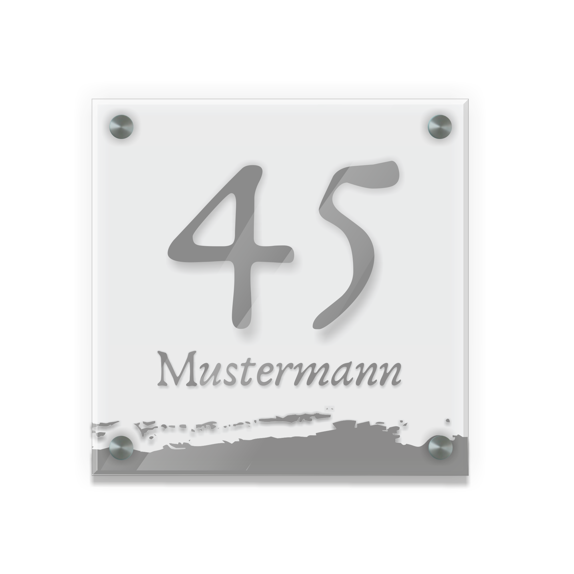 Personalisiertes Türschild | Design 6 |  Hausnummer und Wunschtext | aus Acrylglas 20x20 cm inkl. Aluminium-Abstandshalter   