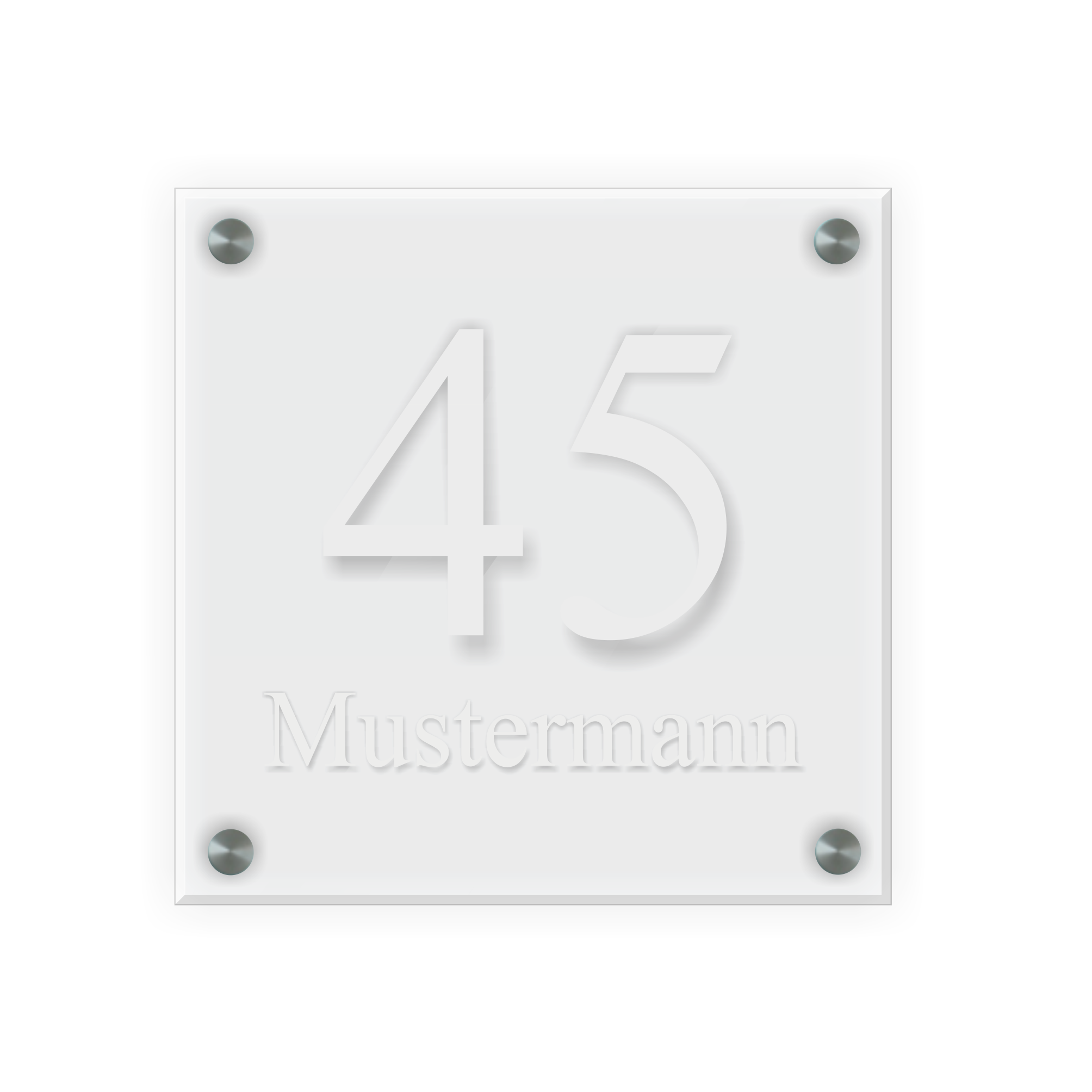 Personalisiertes Türschild | Design 1 |  Hausnummer und Wunschtext | aus Acrylglas 20x20 cm inkl. Aluminium-Abstandshalter   