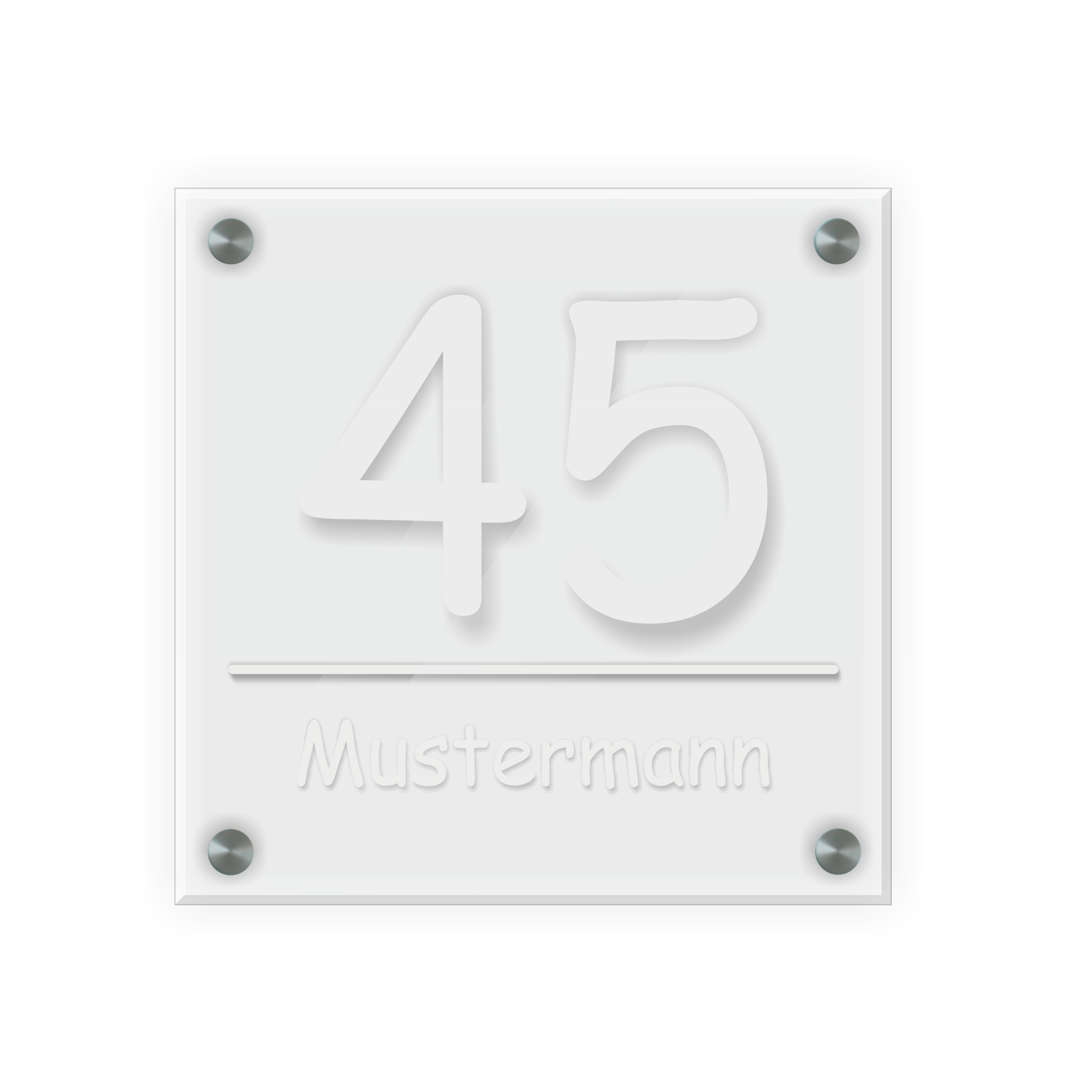 Personalisiertes Türschild | Design 2 |  Hausnummer und Wunschtext | aus Acrylglas 20x20 cm inkl. Aluminium-Abstandshalter   