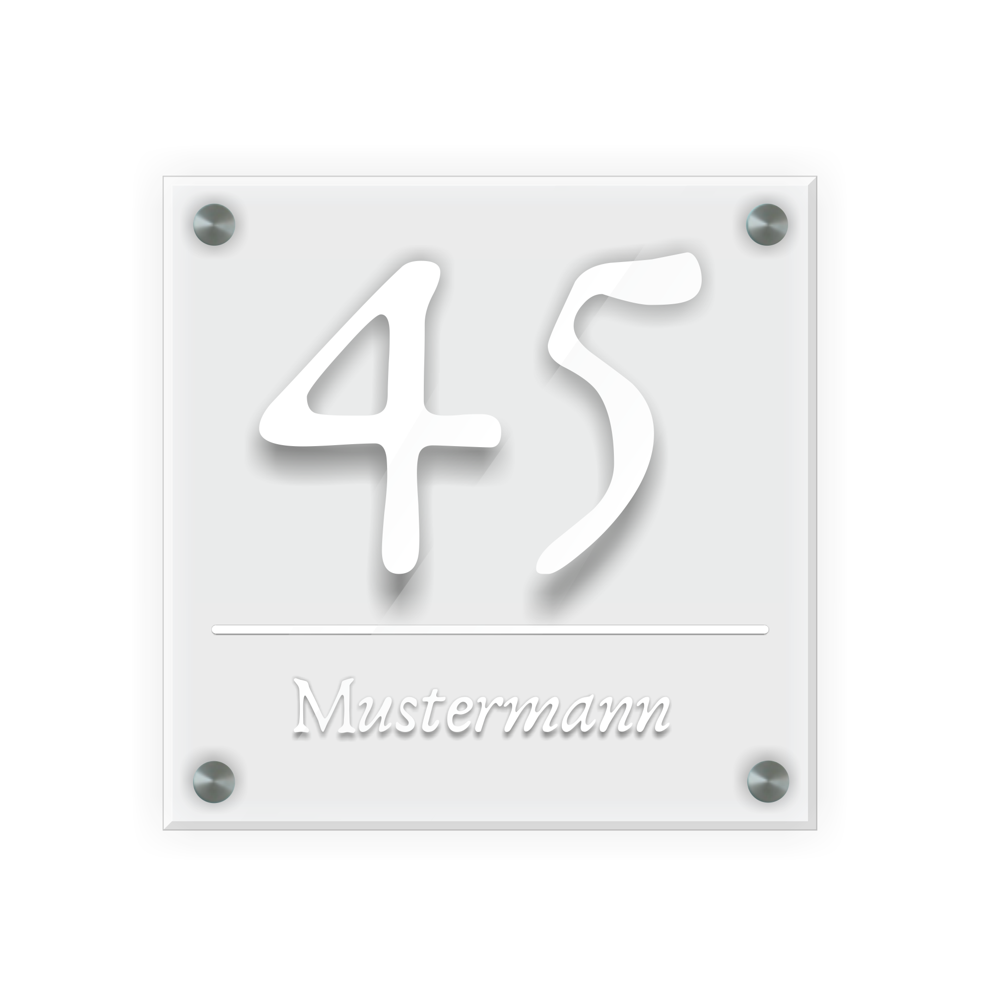 Personalisiertes Türschild | Design 2 |  Hausnummer und Wunschtext | aus Acrylglas 20x20 cm inkl. Aluminium-Abstandshalter   
