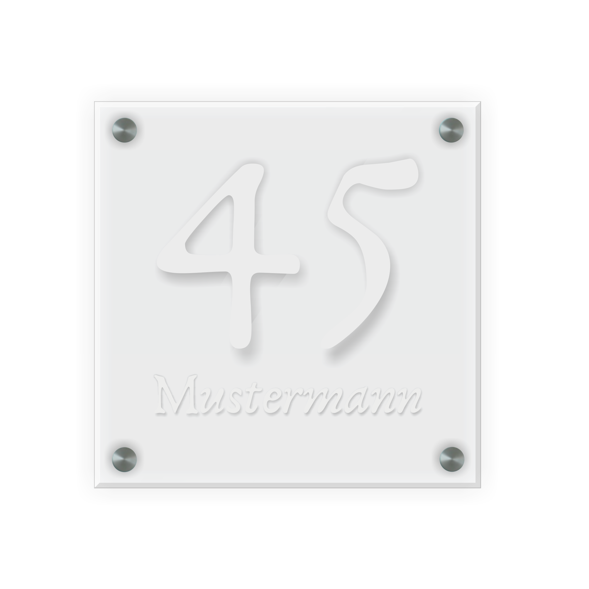 Personalisiertes Türschild | Design 1 |  Hausnummer und Wunschtext | aus Acrylglas 20x20 cm inkl. Aluminium-Abstandshalter   