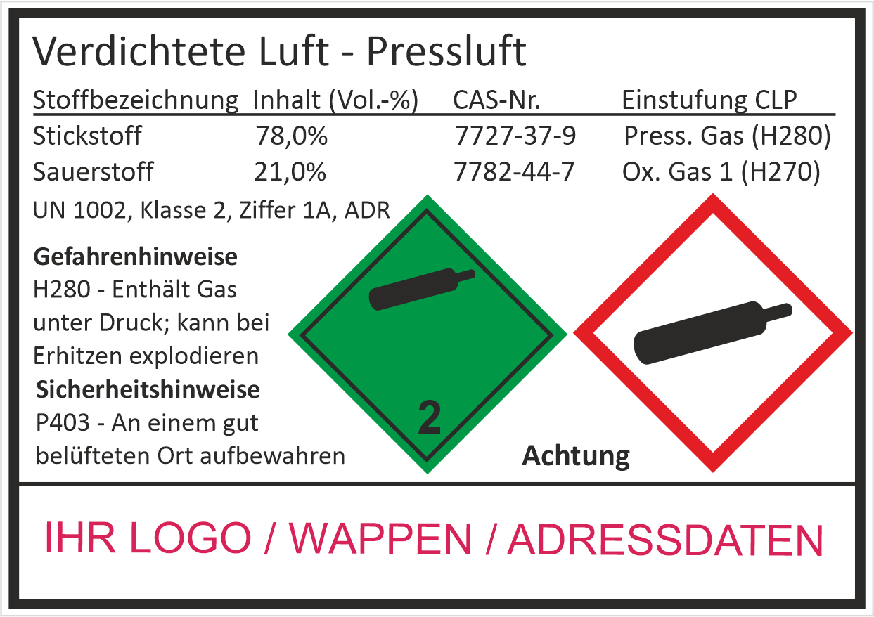 Verdichtete Luft - Pressluft | Gefahrgut Aufkleber Set | Personalisierte & Zertifizierte Kennzeichnung
