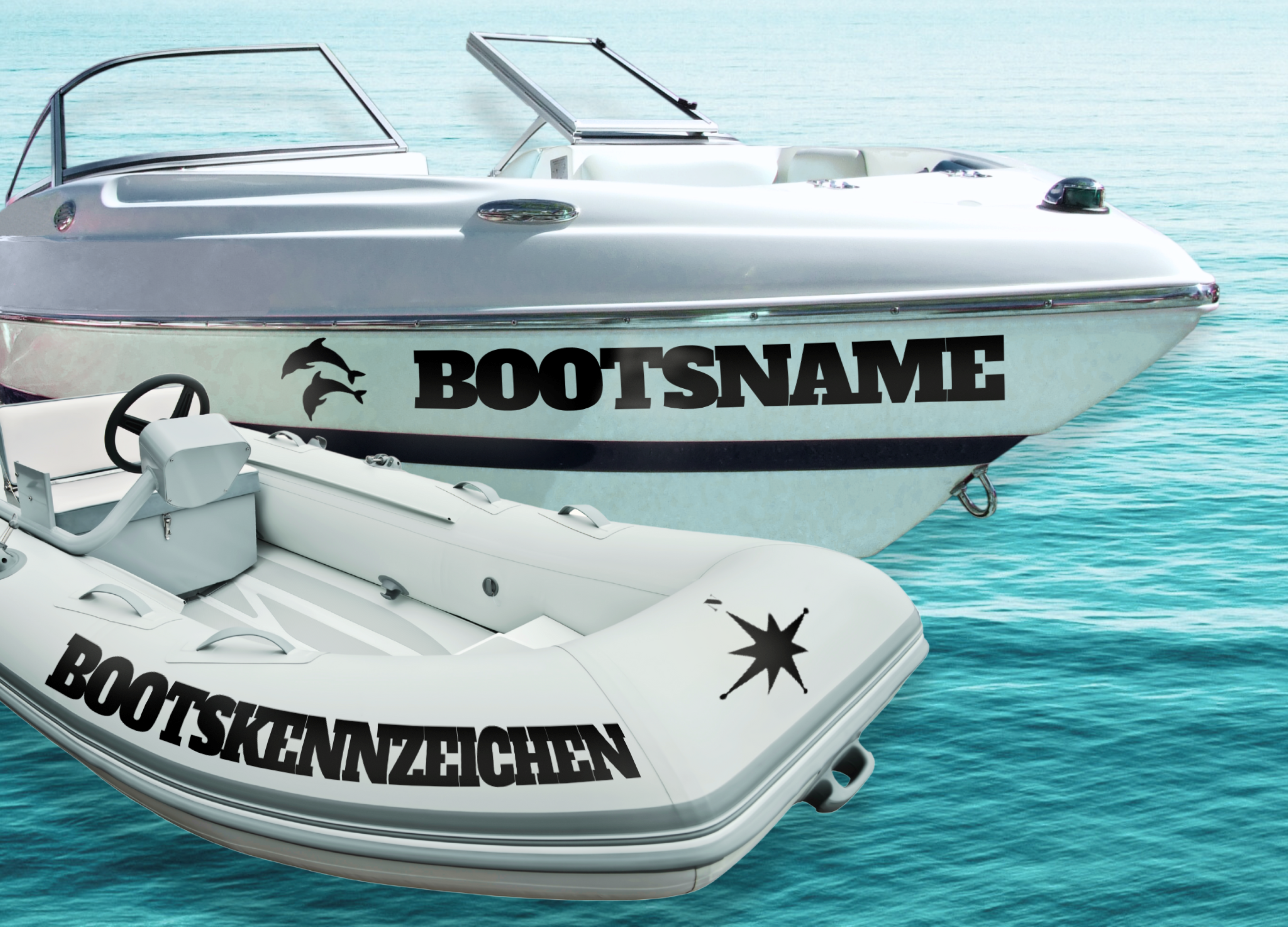 Bootsbeschriftung: Personalisierte Aufkleber (Höhe 10-15 cm) für beide Seiten von Schlauchbooten, Katamaranen, Yachten 