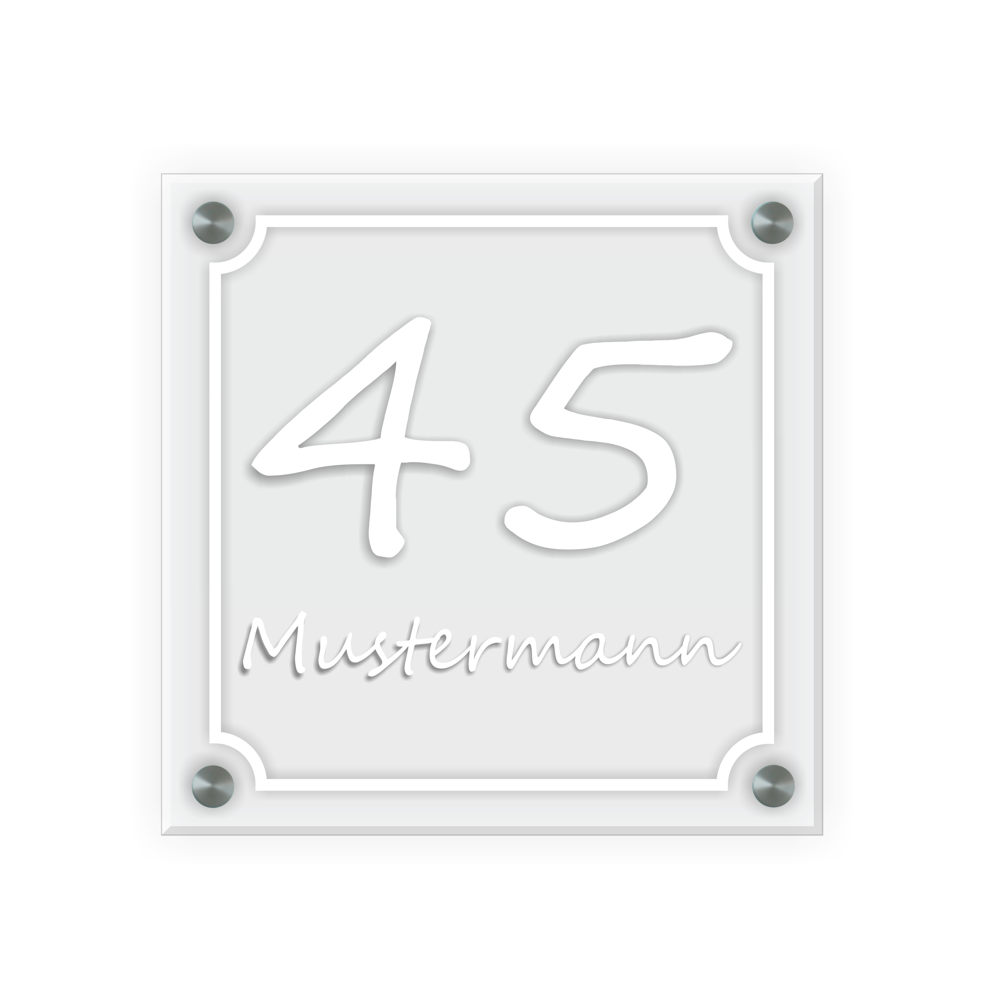Personalisiertes Türschild | Design 5 |  Hausnummer und Wunschtext | aus Acrylglas 20x20 cm inkl. Aluminium-Abstandshalter   