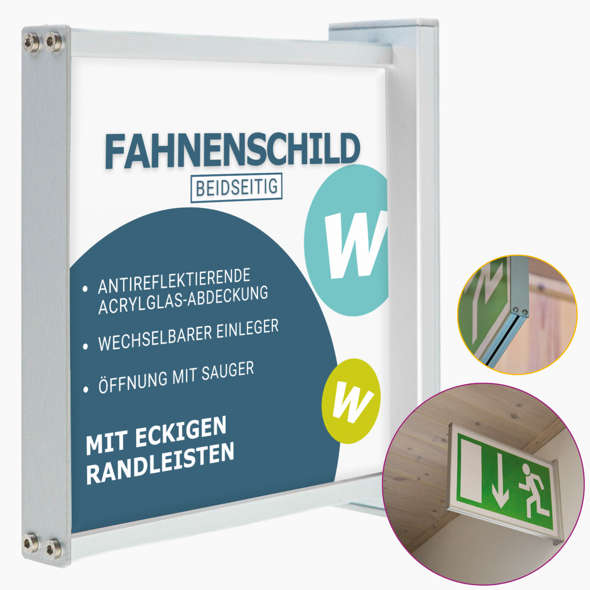 Doppelseitiges Fahnenschild | eloxiertes Aluminium | mit eckigen Randleisten in silber 