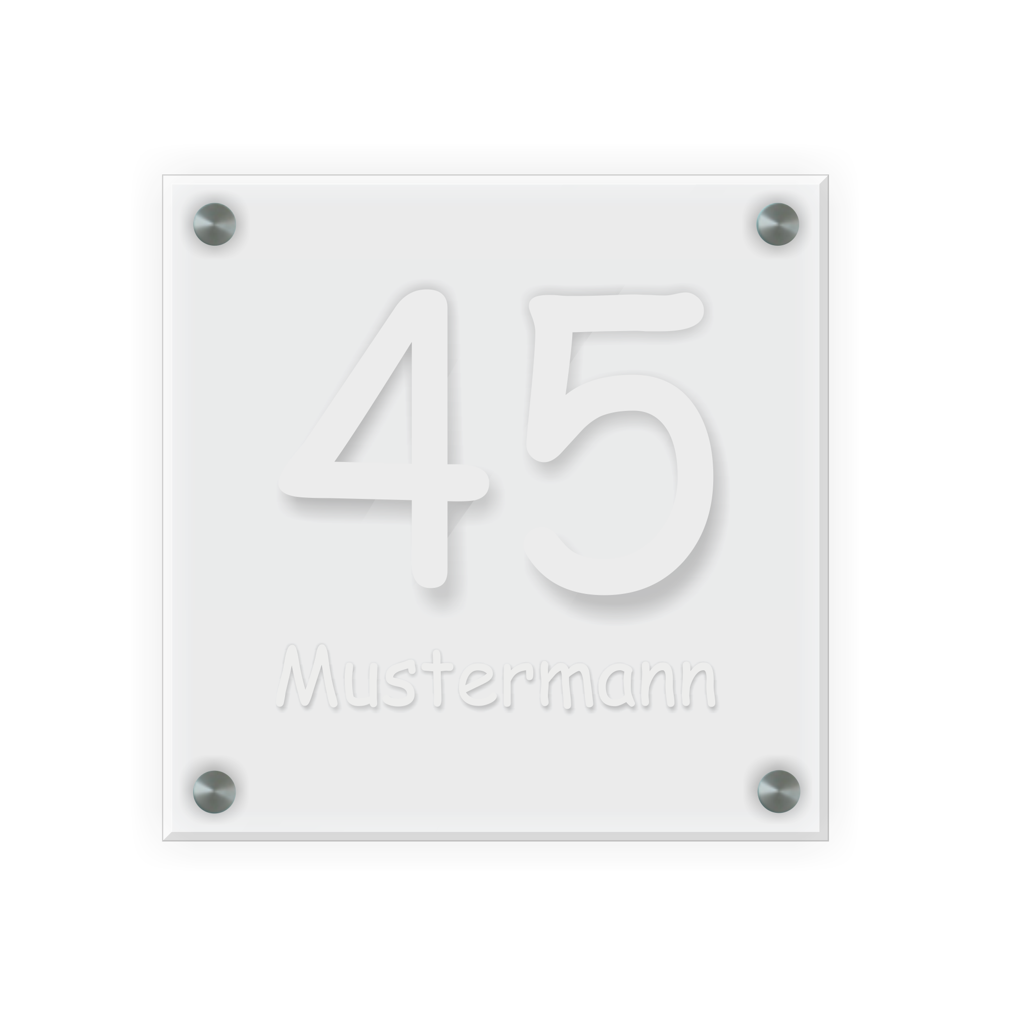 Personalisiertes Türschild | Design 1 |  Hausnummer und Wunschtext | aus Acrylglas 20x20 cm inkl. Aluminium-Abstandshalter   