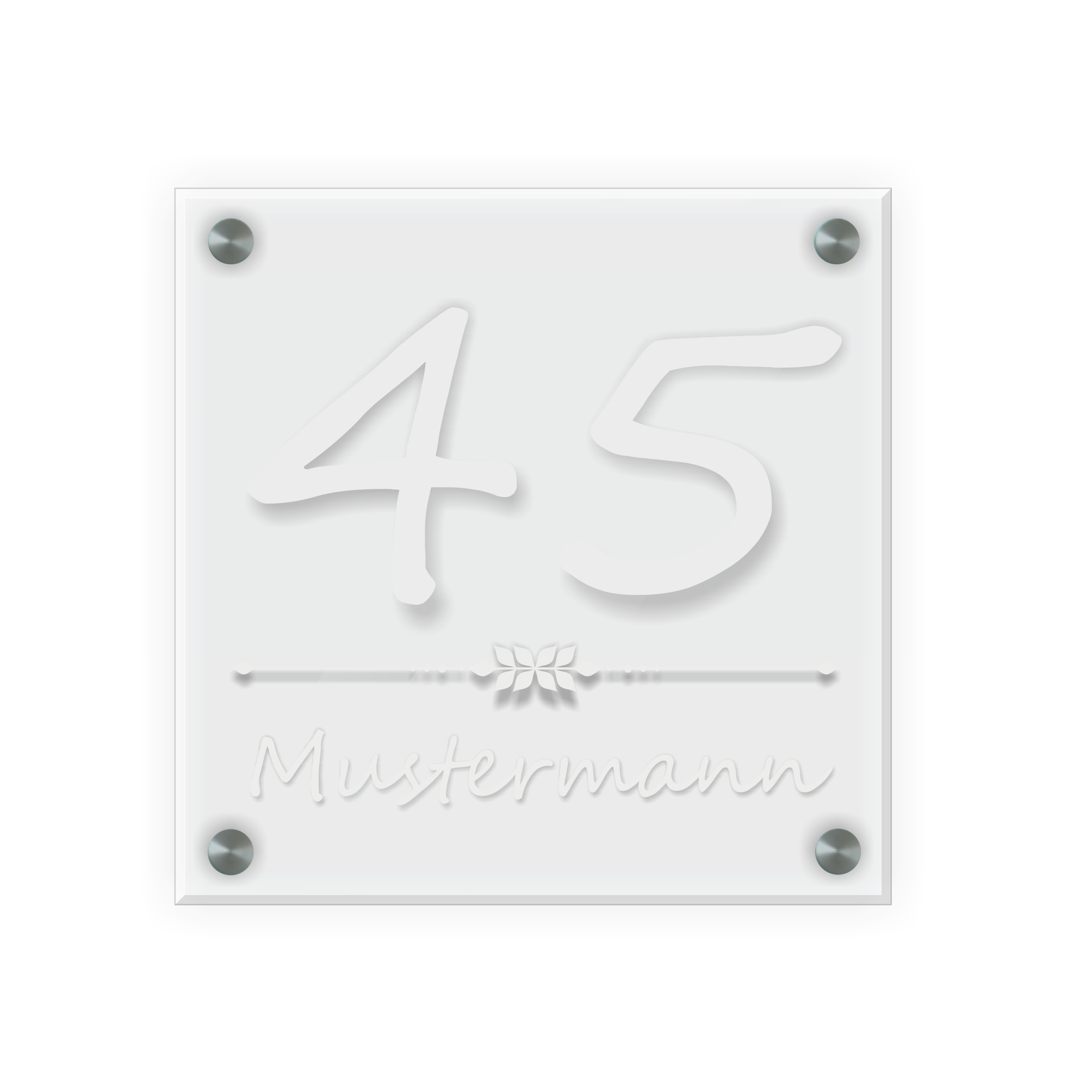 Personalisiertes Türschild | Design 4 |  Hausnummer und Wunschtext | aus Acrylglas 20x20 cm inkl. Aluminium-Abstandshalter   