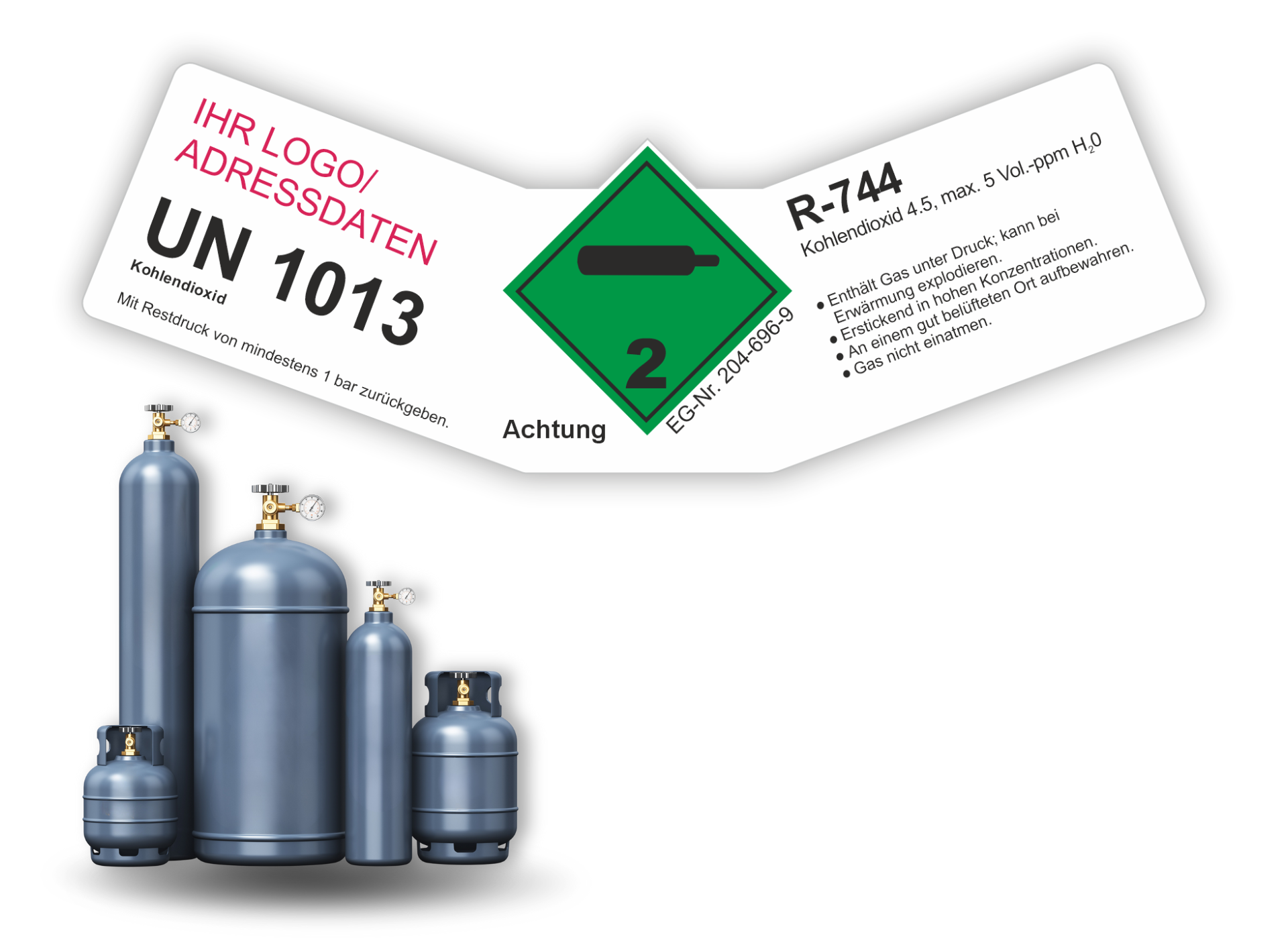 Kohlendioxid Gemisch R-744 UN 1013 | Gefahrgut Kennzeichnung Aufkleber | ADR & DIN EN ISO | Personalisierung