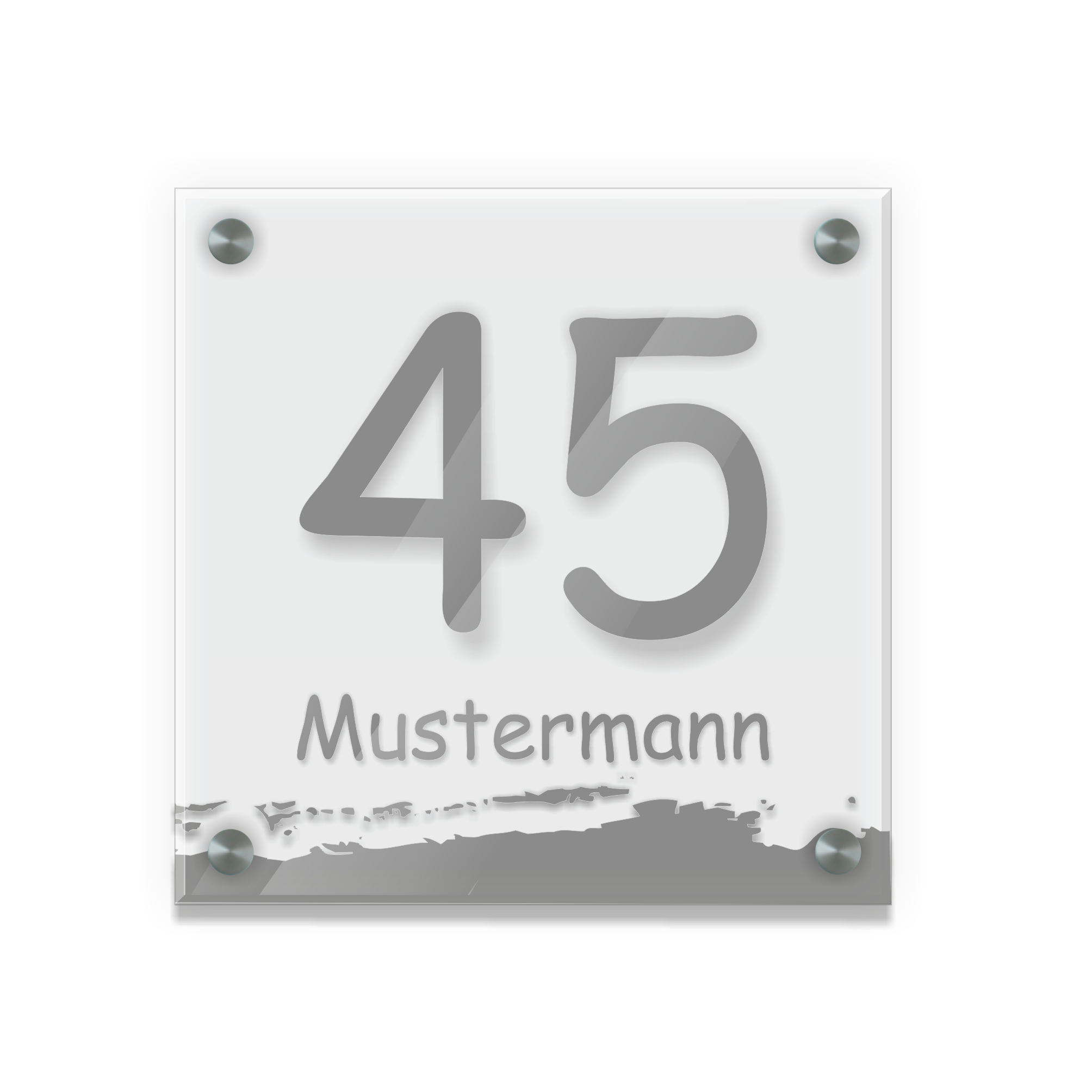 Personalisiertes Türschild | Design 6 |  Hausnummer und Wunschtext | aus Acrylglas 20x20 cm inkl. Aluminium-Abstandshalter   