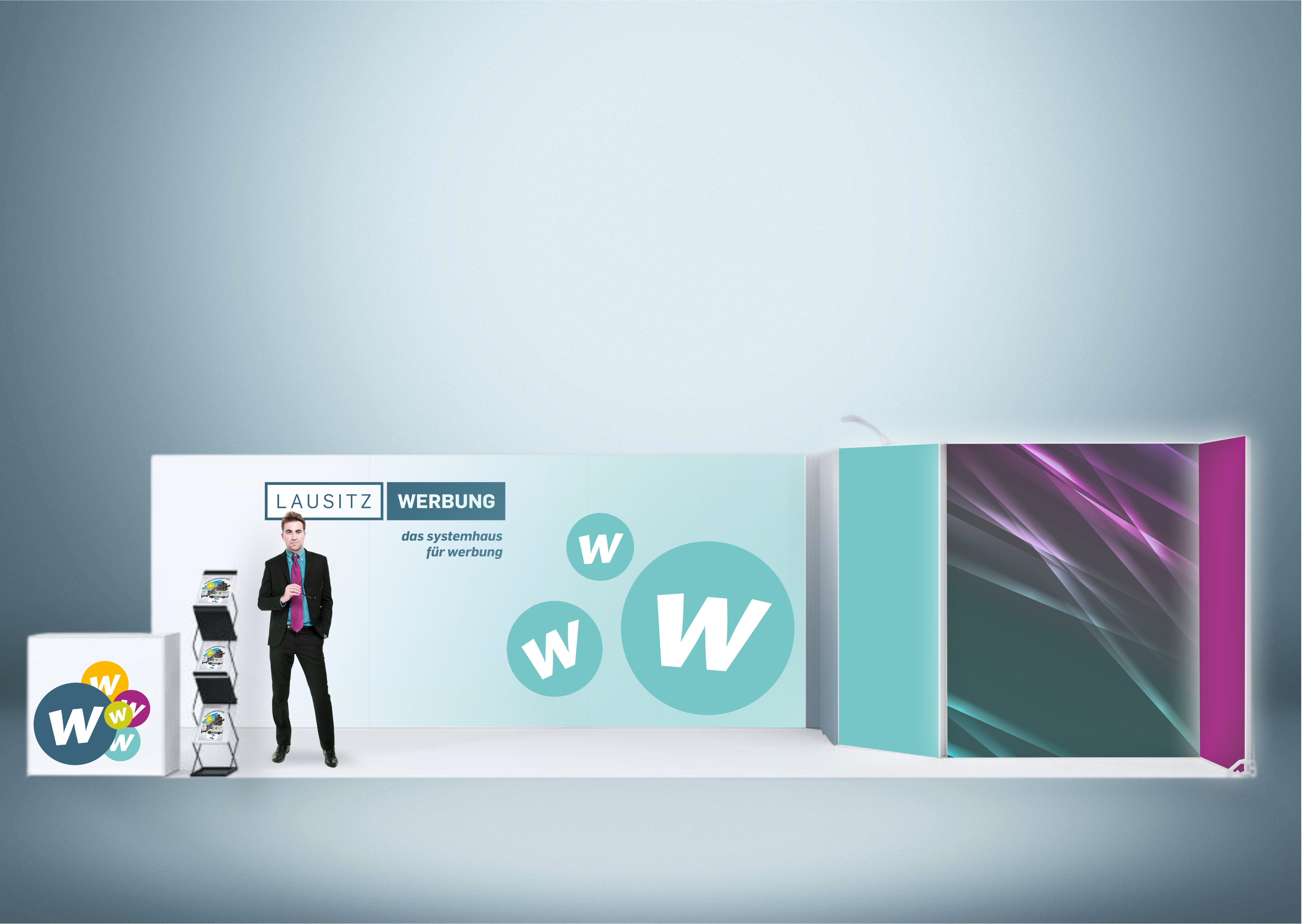 Messewand Stecksystem Karlsruhe 904 x 312 cm | nachhaltig, werkzeugfrei, LED Spots & Hinterleuchtung, ideal für Messeauftritt