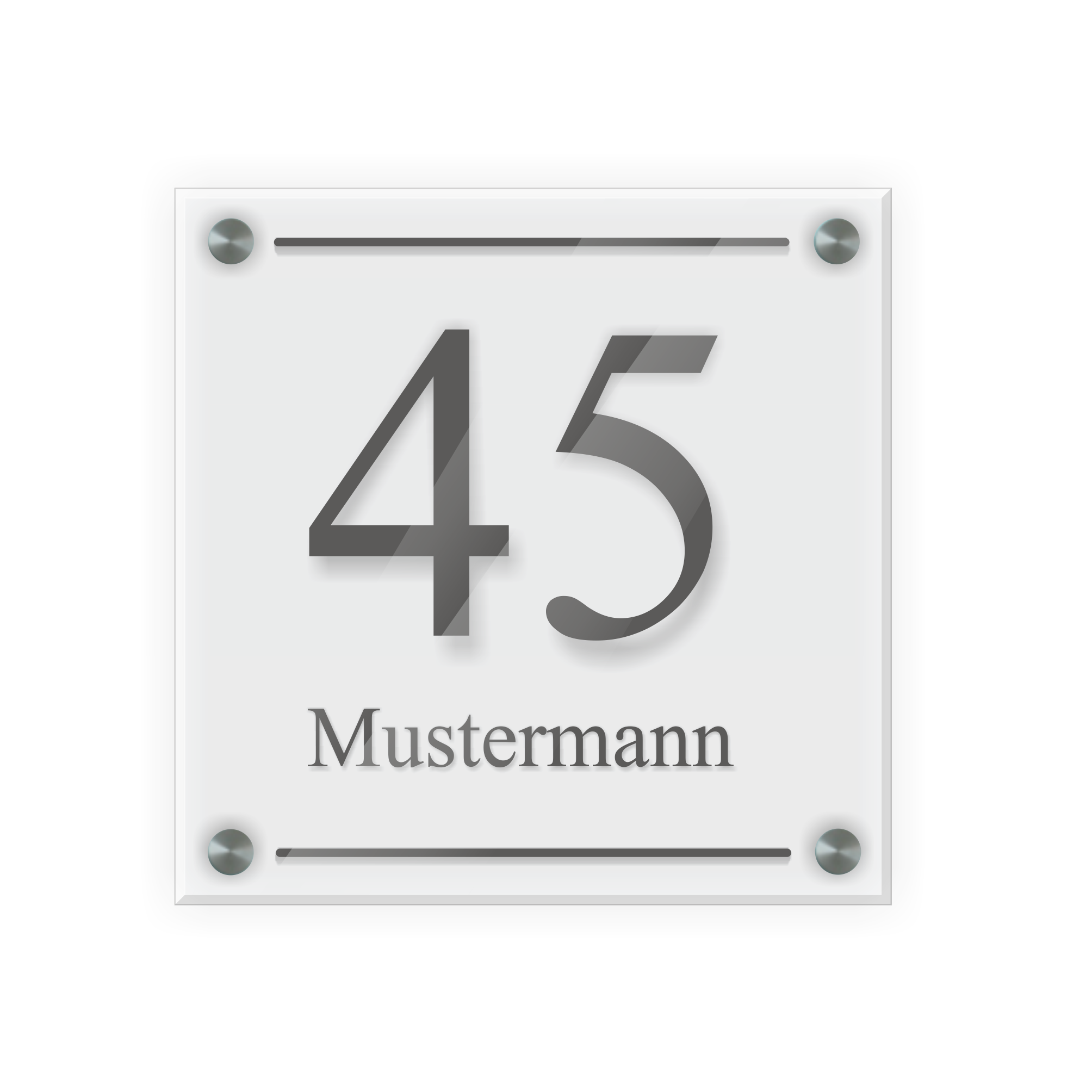 Personalisiertes Türschild | Design 3 |  Hausnummer und Wunschtext | aus Acrylglas 20x20 cm inkl. Aluminium-Abstandshalter   