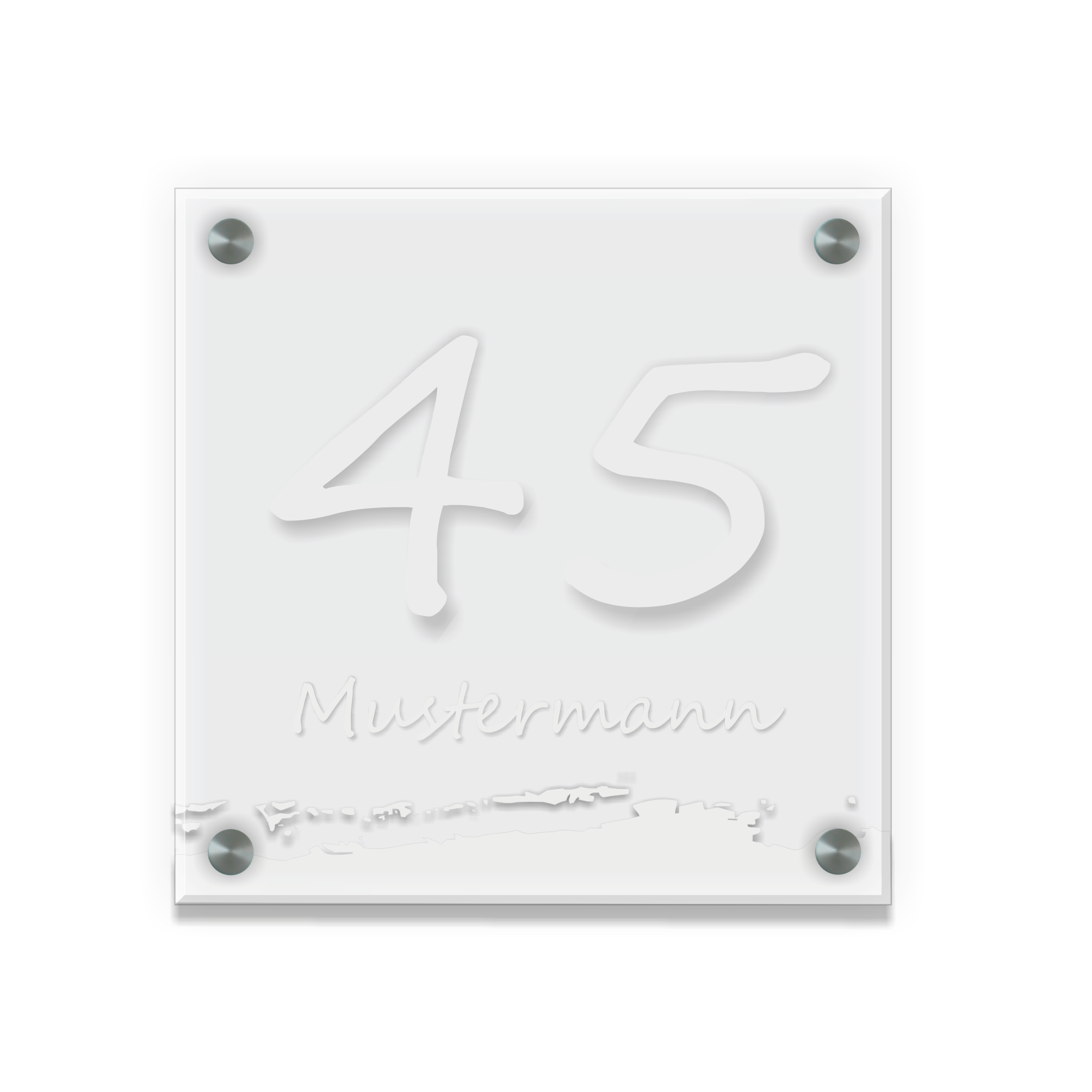 Personalisiertes Türschild | Design 6 |  Hausnummer und Wunschtext | aus Acrylglas 20x20 cm inkl. Aluminium-Abstandshalter   