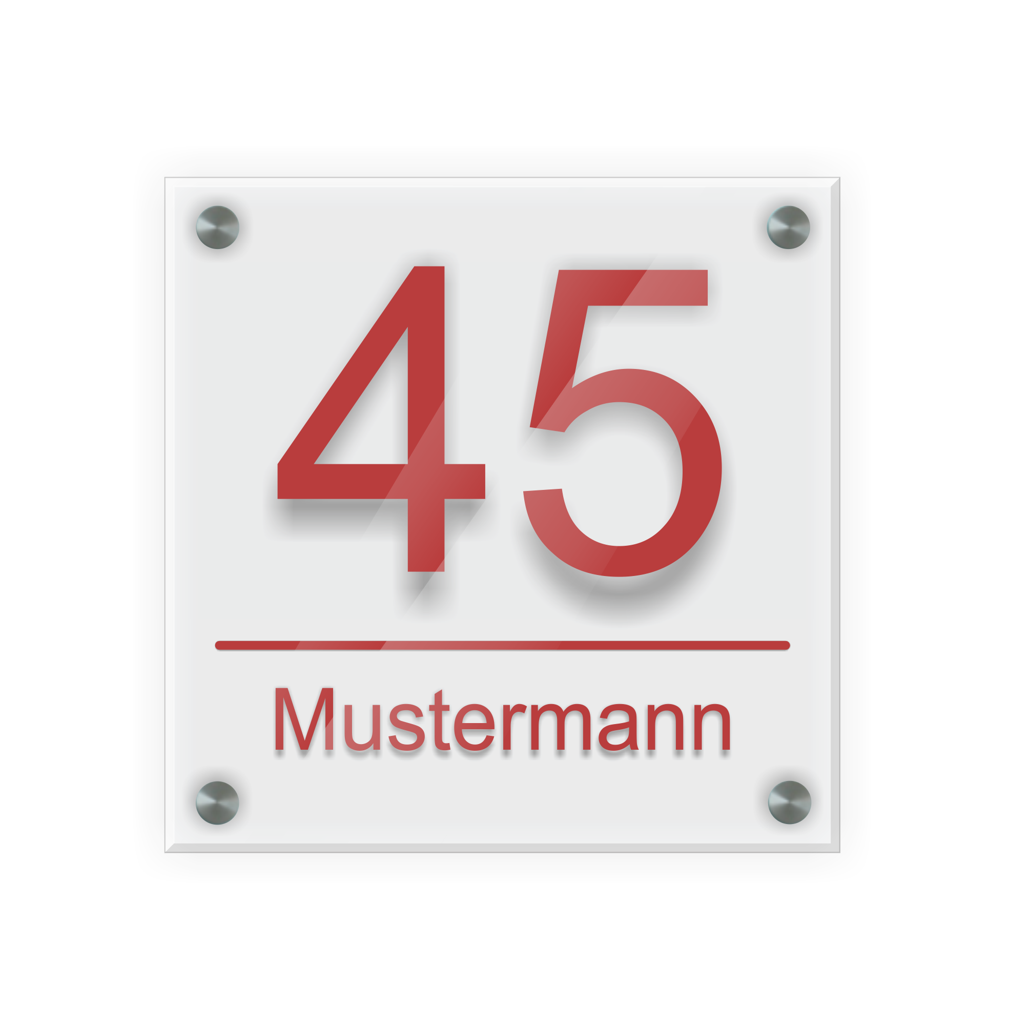 Personalisiertes Türschild | Design 2 |  Hausnummer und Wunschtext | aus Acrylglas 20x20 cm inkl. Aluminium-Abstandshalter   