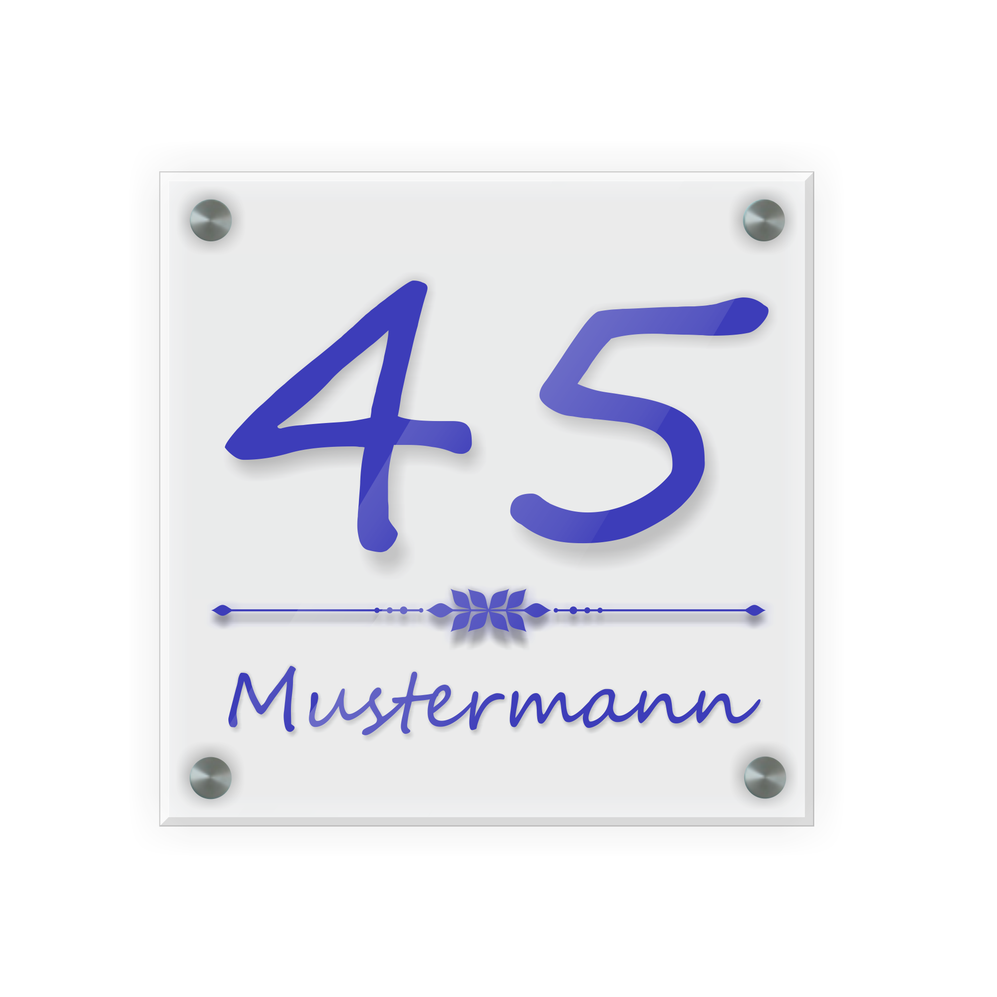 Personalisiertes Türschild | Design 4 |  Hausnummer und Wunschtext | aus Acrylglas 20x20 cm inkl. Aluminium-Abstandshalter   