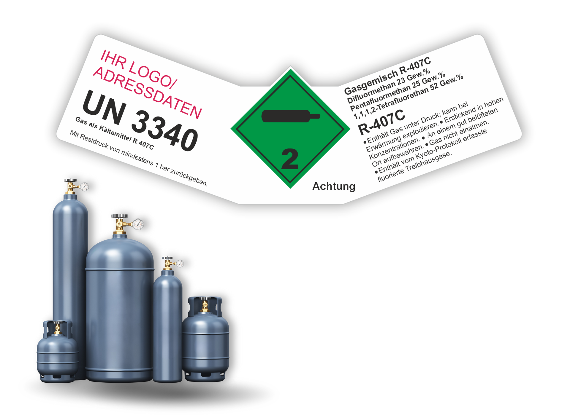 Kältemittel Gemisch R-407C UN 3340 | Gefahrgut Kennzeichnung Aufkleber | ADR & DIN EN ISO | Personalisierung