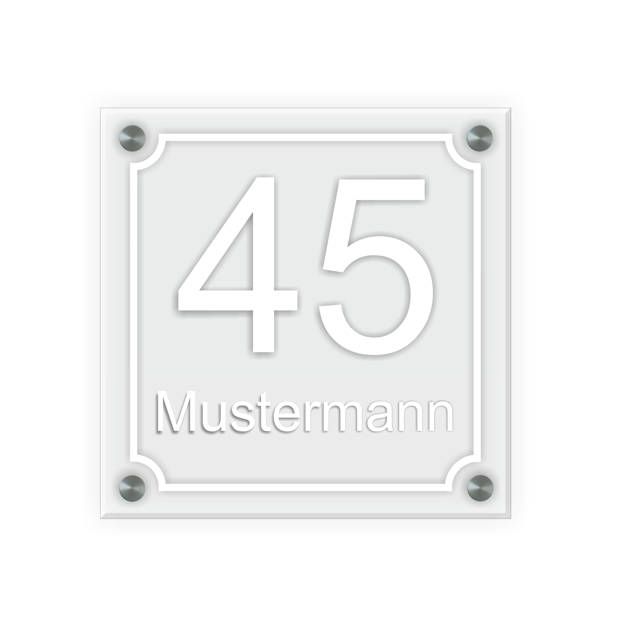 Personalisiertes Türschild | Design 5 |  Hausnummer und Wunschtext | aus Acrylglas 20x20 cm inkl. Aluminium-Abstandshalter   