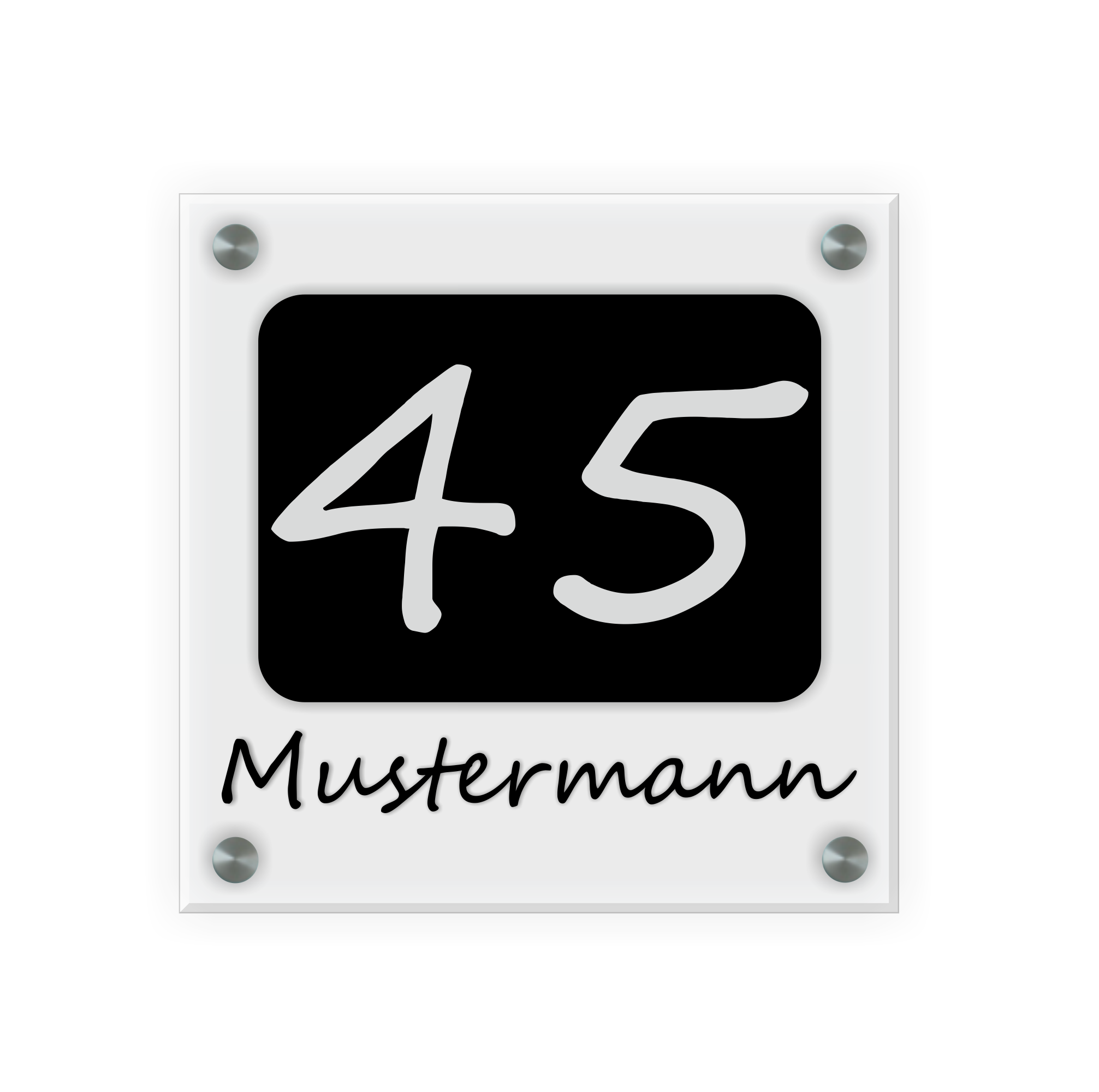 Personalisiertes Türschild | Design 7 |  Hausnummer und Wunschtext | aus Acrylglas 20x20 cm inkl. Aluminium-Abstandshalter 