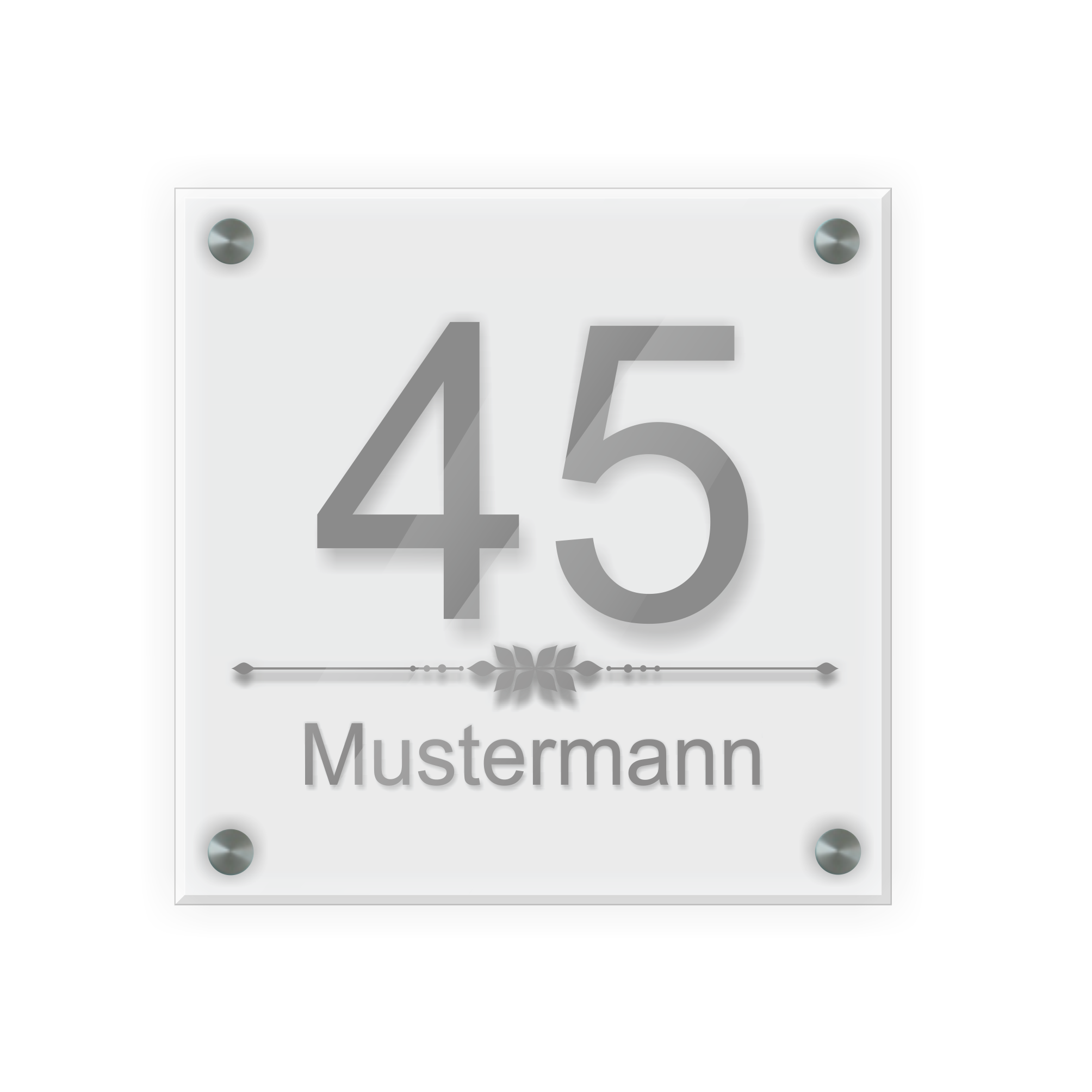 Personalisiertes Türschild | Design 4 |  Hausnummer und Wunschtext | aus Acrylglas 20x20 cm inkl. Aluminium-Abstandshalter   