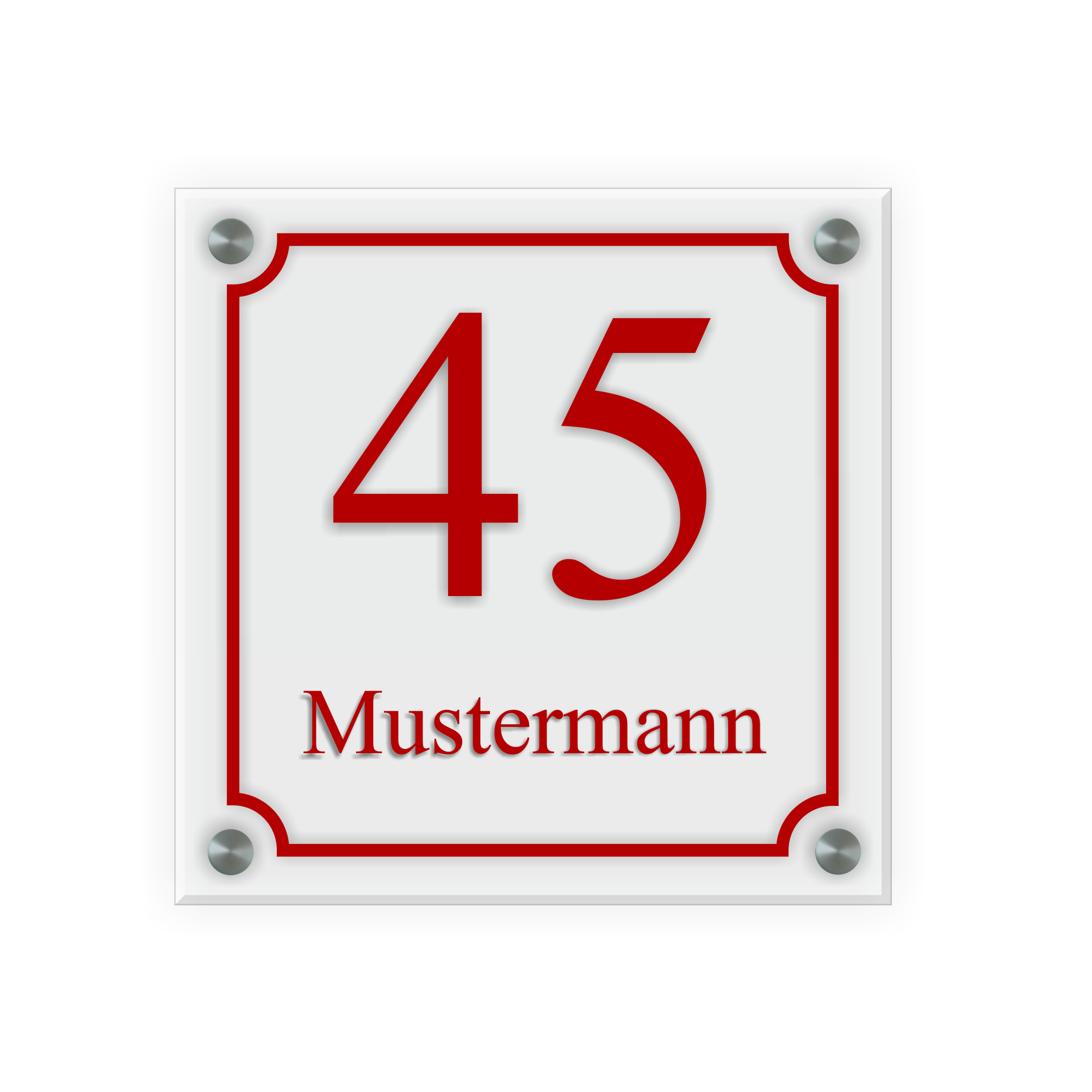 Personalisiertes Türschild | Design 5 |  Hausnummer und Wunschtext | aus Acrylglas 20x20 cm inkl. Aluminium-Abstandshalter   