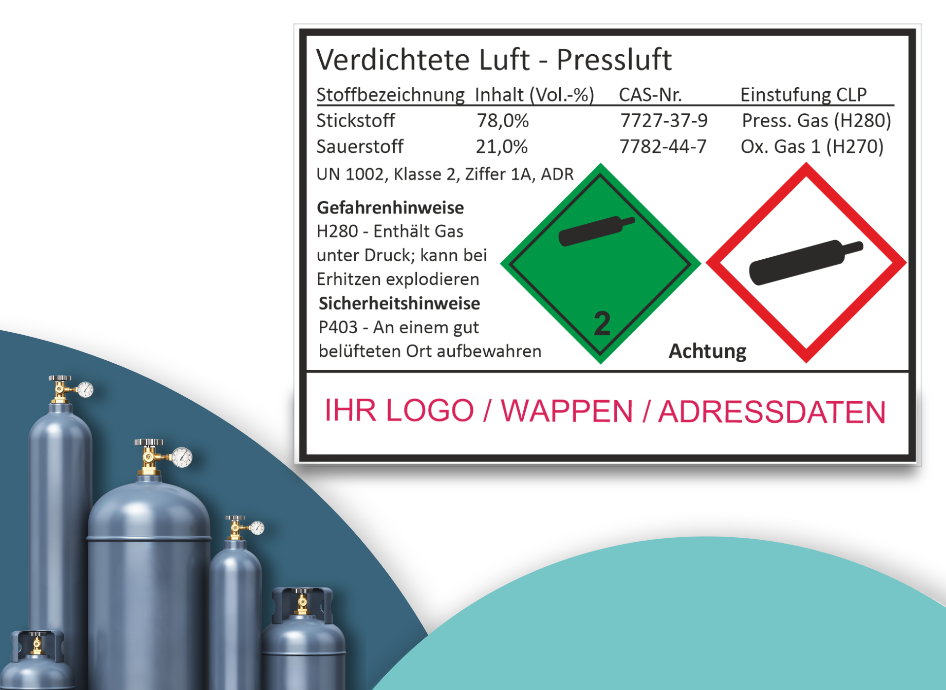Verdichtete Luft - Pressluft UN 1002 | Gefahrgut Kennzeichnung Aufkleber | ADR & DIN EN ISO | Personalisierung