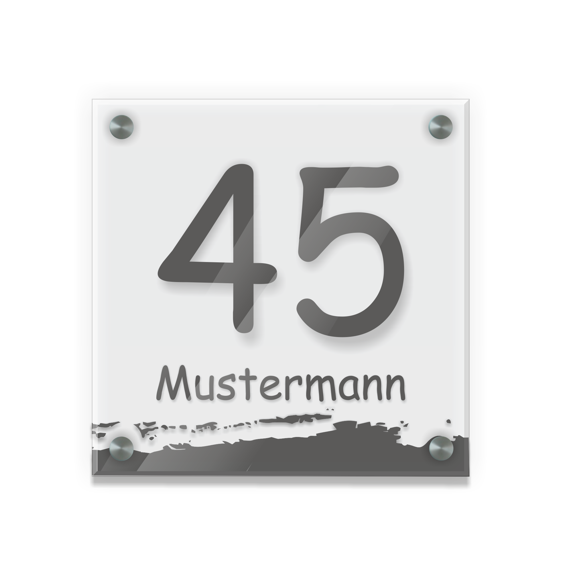 Personalisiertes Türschild | Design 6 |  Hausnummer und Wunschtext | aus Acrylglas 20x20 cm inkl. Aluminium-Abstandshalter   