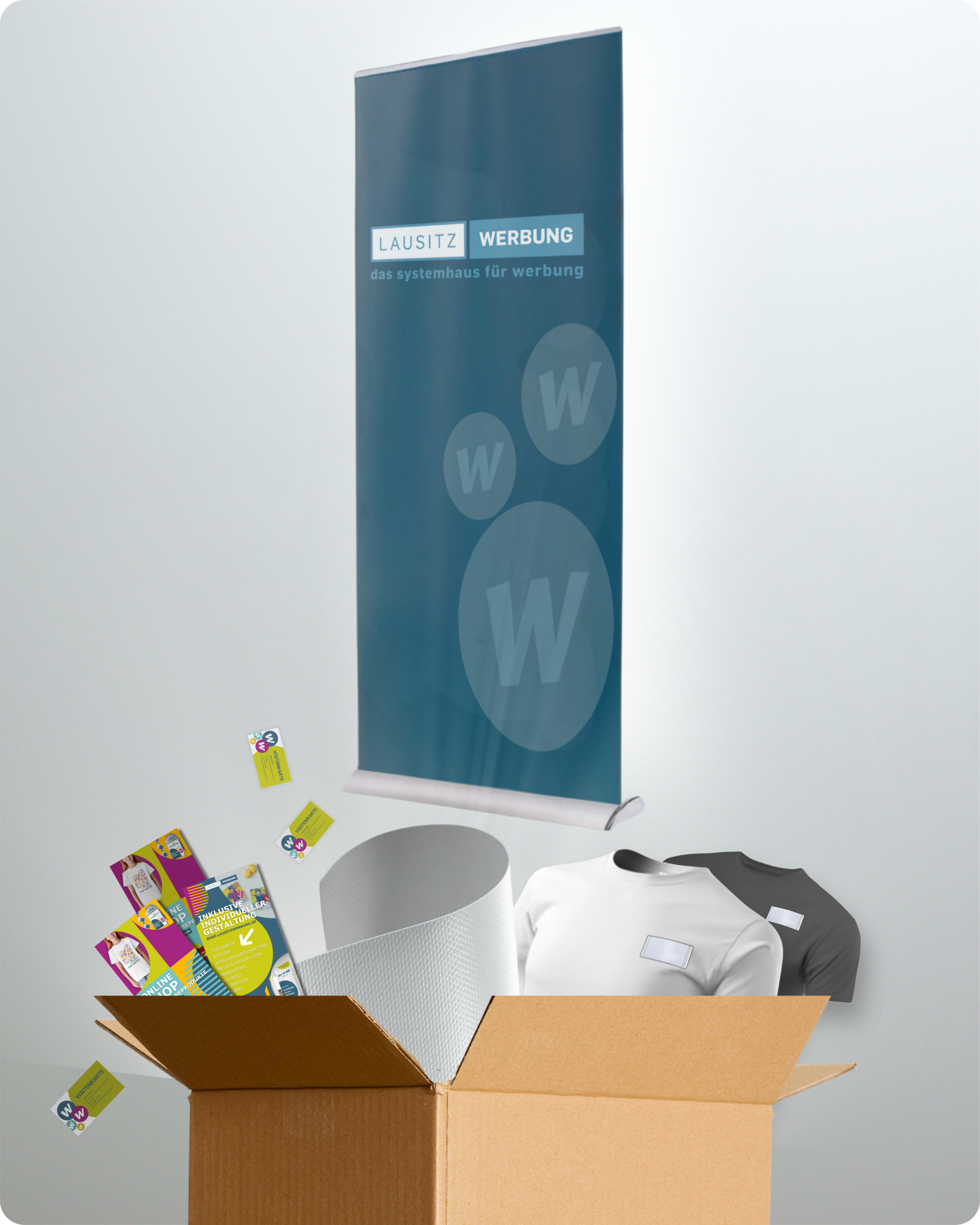 Messe Paket Start:  Roll-up,  Banner, Flyer, Visitenkarten, Polos oder T-Shirts mit Druck, Namensschilder,  Versandkostenfrei