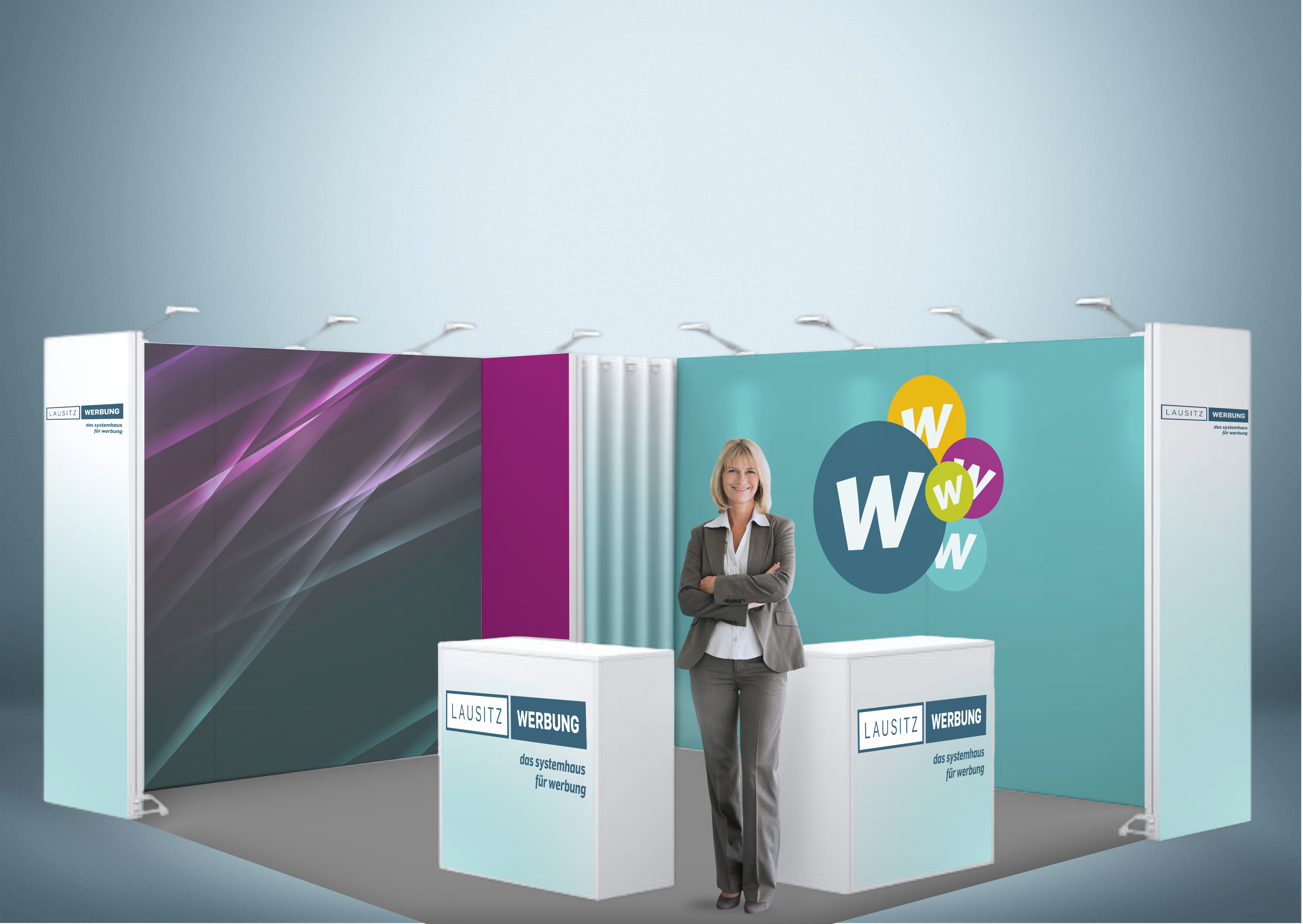 Messewand Stecksystem Aachen 518 x 426 cm | werkzeugfrei, LED Spots & Hinterleuchtung| perfekt für Messeauftritt