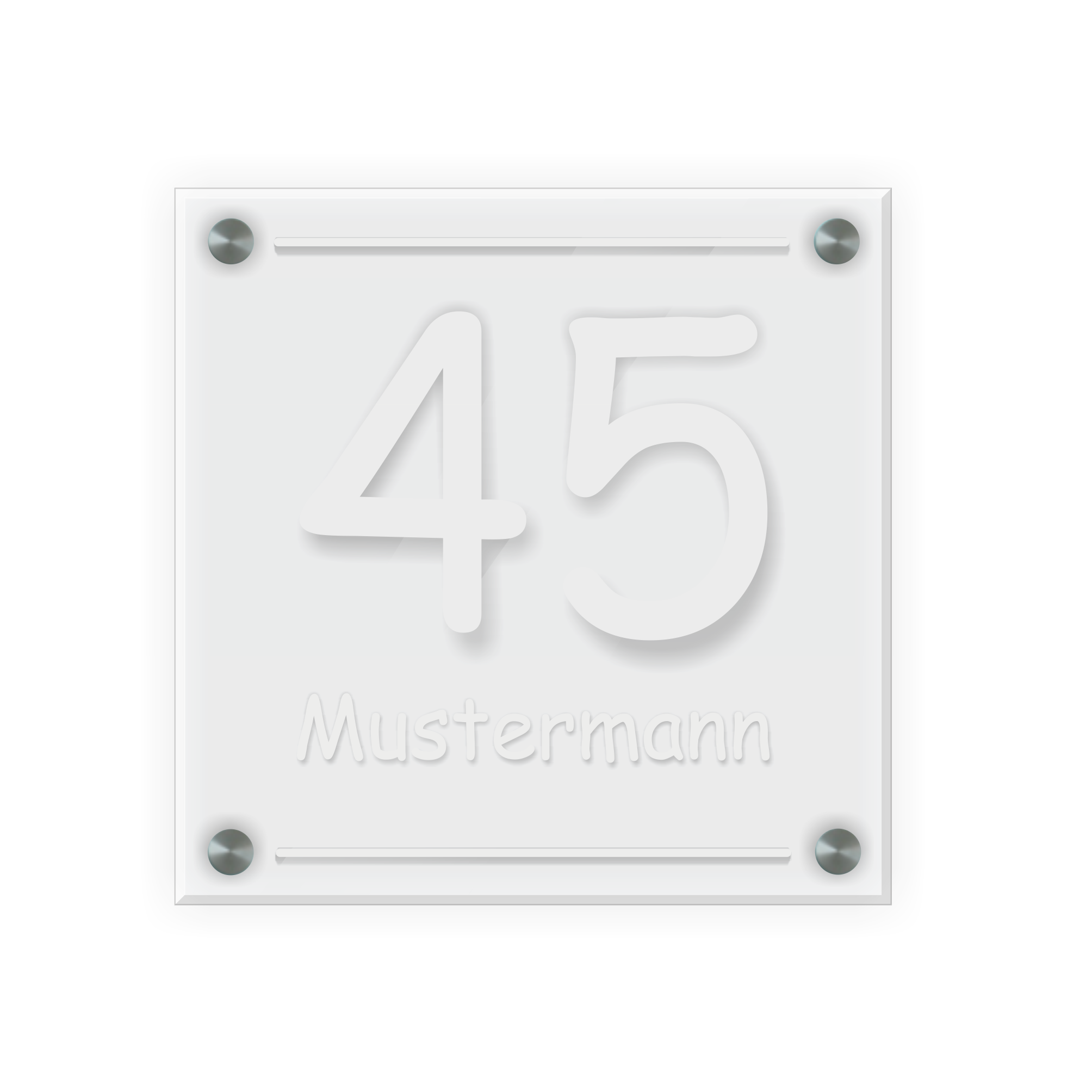 Personalisiertes Türschild | Design 3 |  Hausnummer und Wunschtext | aus Acrylglas 20x20 cm inkl. Aluminium-Abstandshalter   
