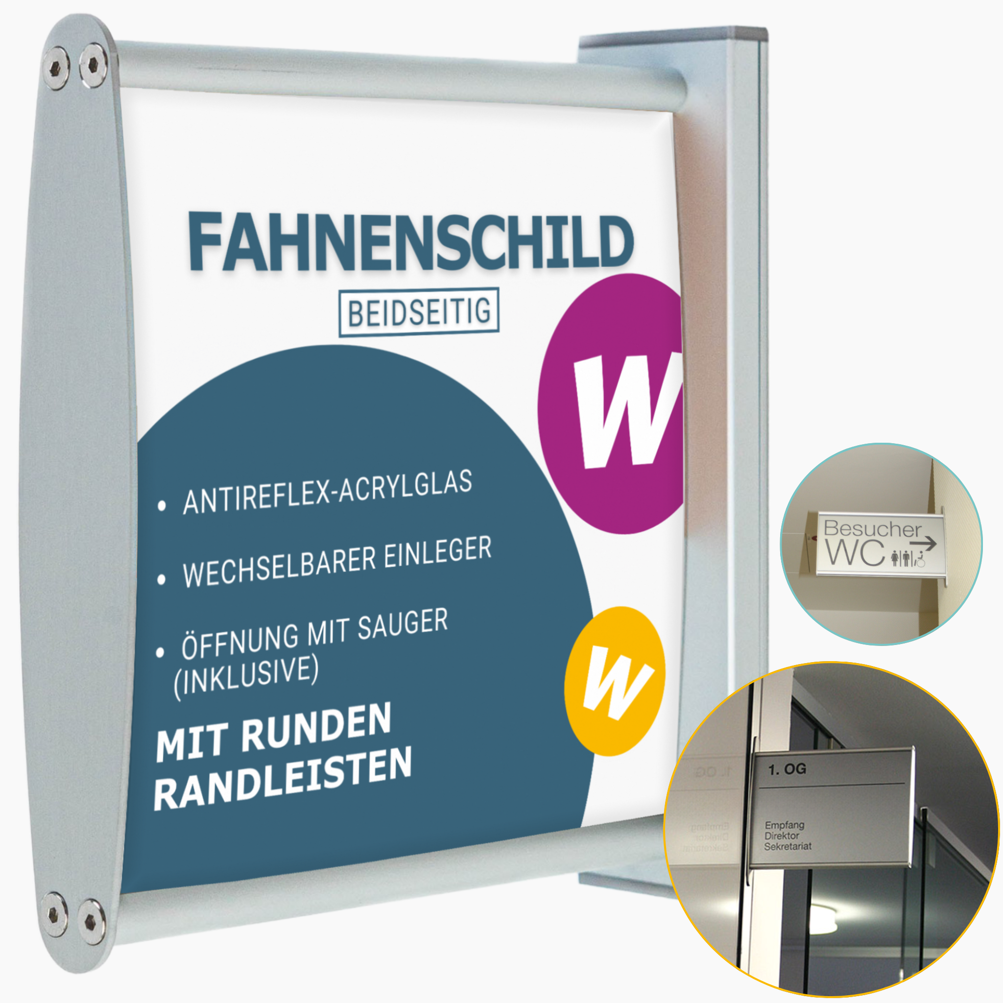 Leicht gewölbtes, doppelseitiges Fahnenschild | eloxiertes Aluminium | mit runden silbernen Randelementen 