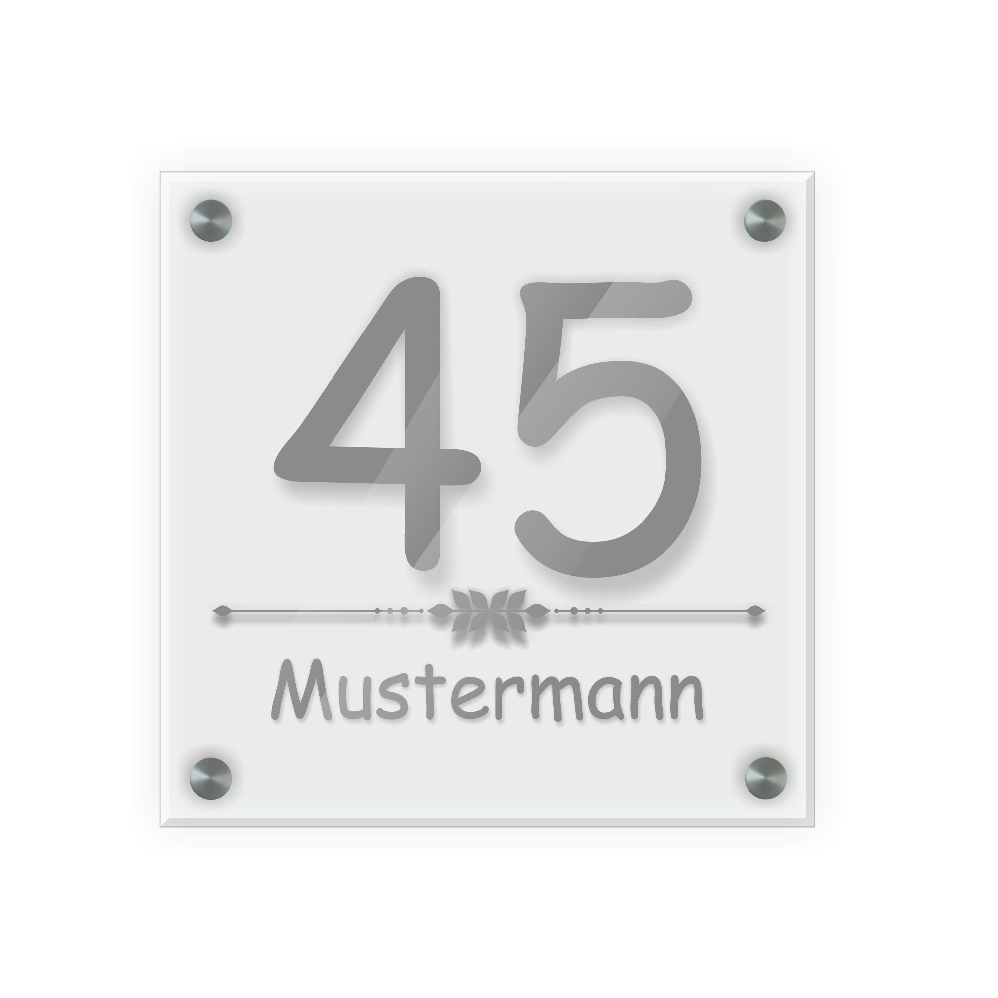 Personalisiertes Türschild | Design 4 |  Hausnummer und Wunschtext | aus Acrylglas 20x20 cm inkl. Aluminium-Abstandshalter   